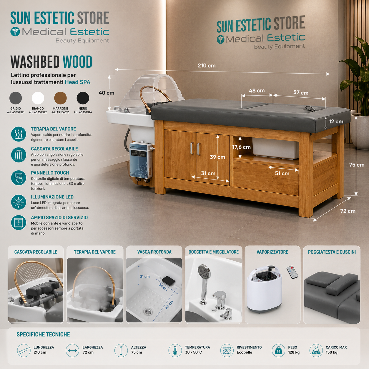 Washbed Wood lettino lavaggio spa con vapore e pedicure