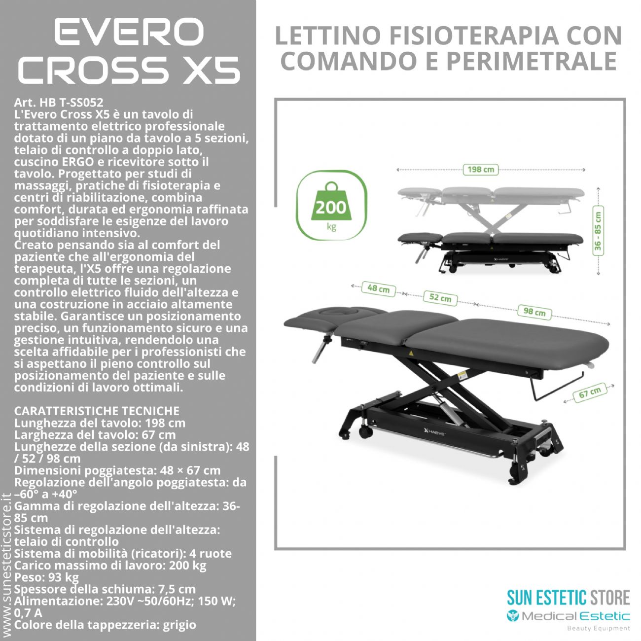 Evero Cross X5 Ergo lettino fisioterapia 5 sezioni con comando a piede