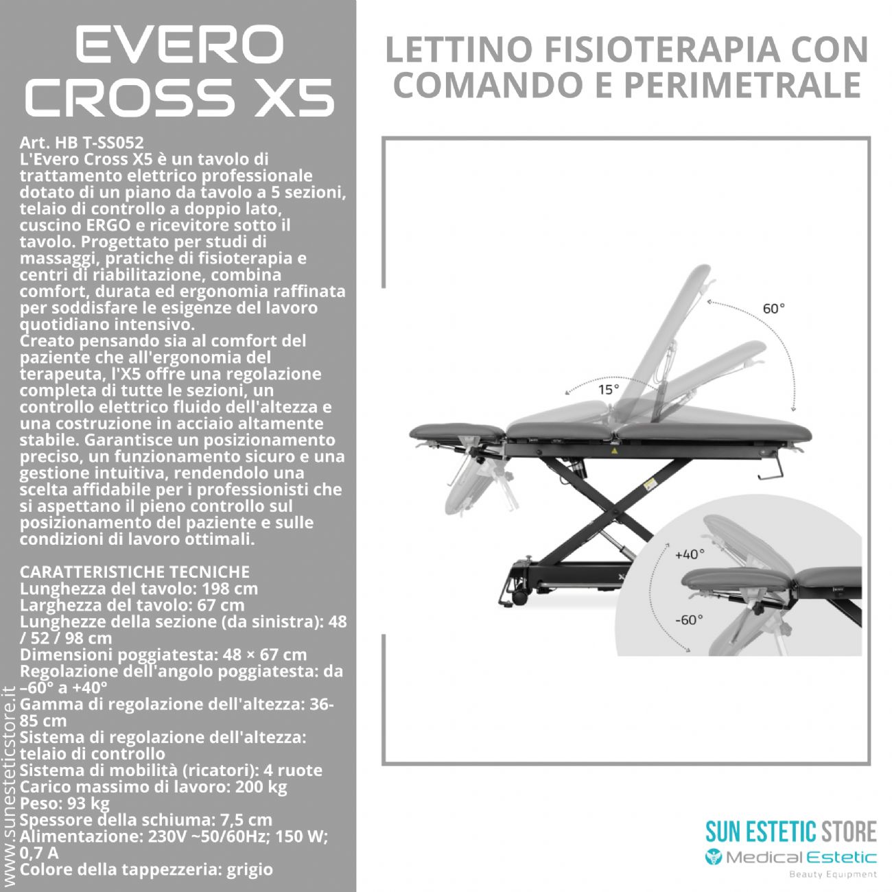 Evero Cross X5 Ergo lettino fisioterapia 5 sezioni con comando a piede