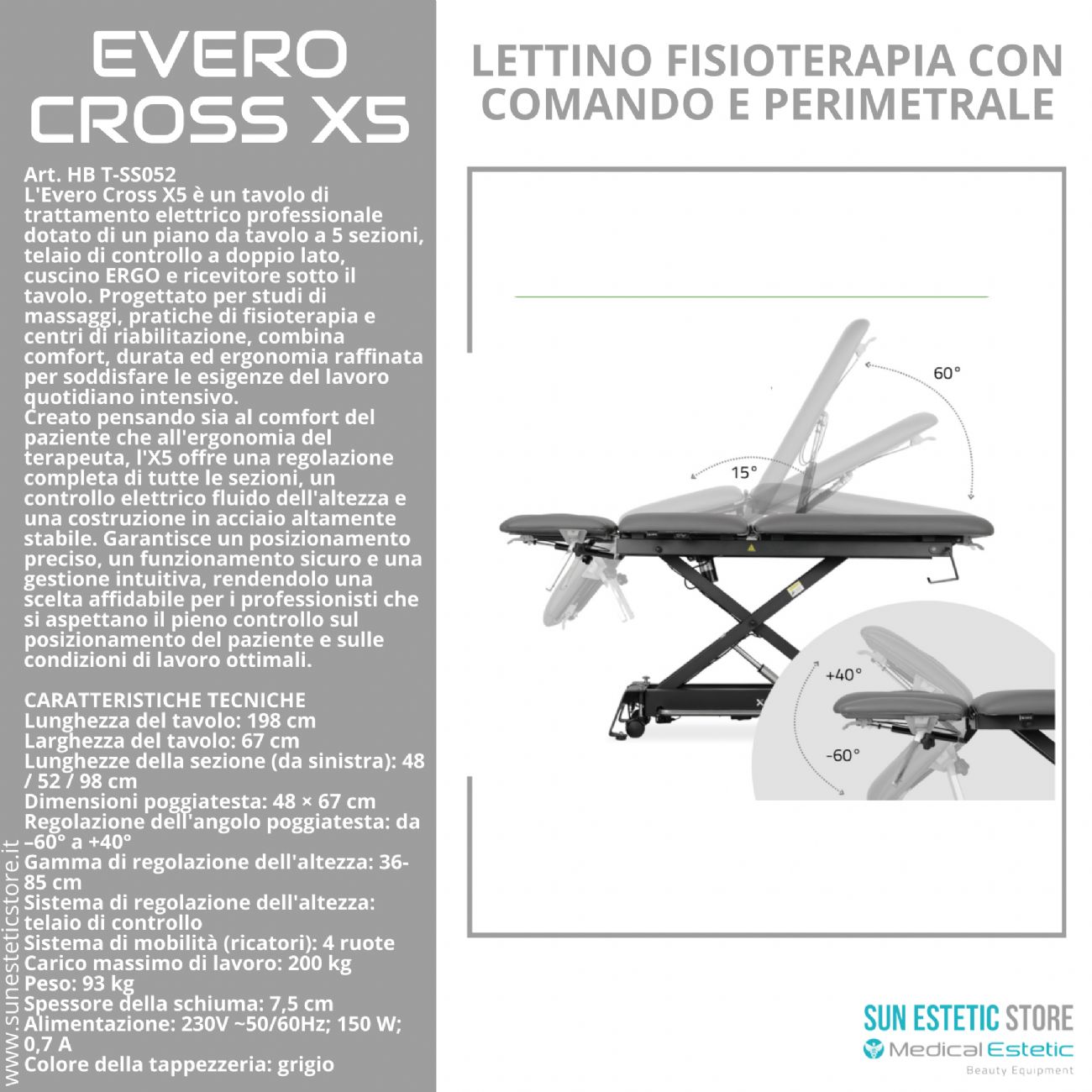Evero Cross X5 Ergo lettino fisioterapia 5 sezioni con comando a piede
