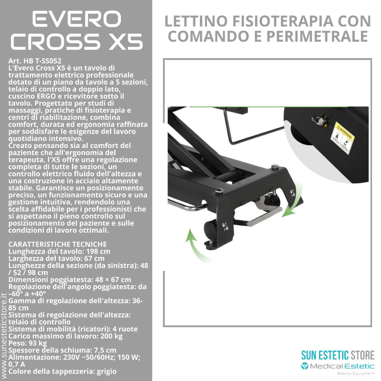 Evero Cross X5 Ergo lettino fisioterapia 5 sezioni con comando a piede