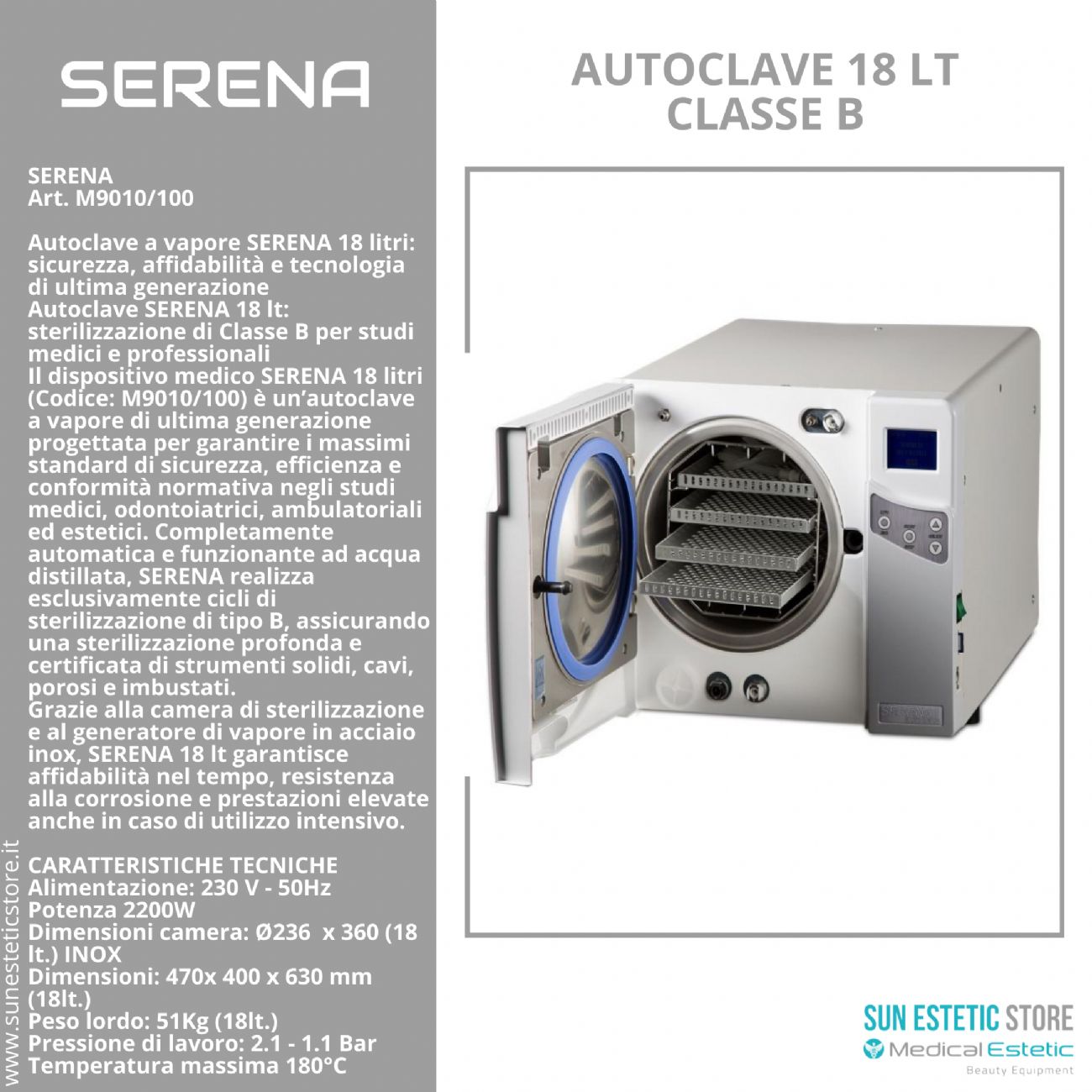 Serena Autoclave 18 lt Classe B sterilizzazione estetica