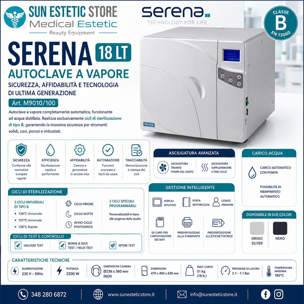 Serena Autoclave 18 lt Classe B sterilizzazione estetica
