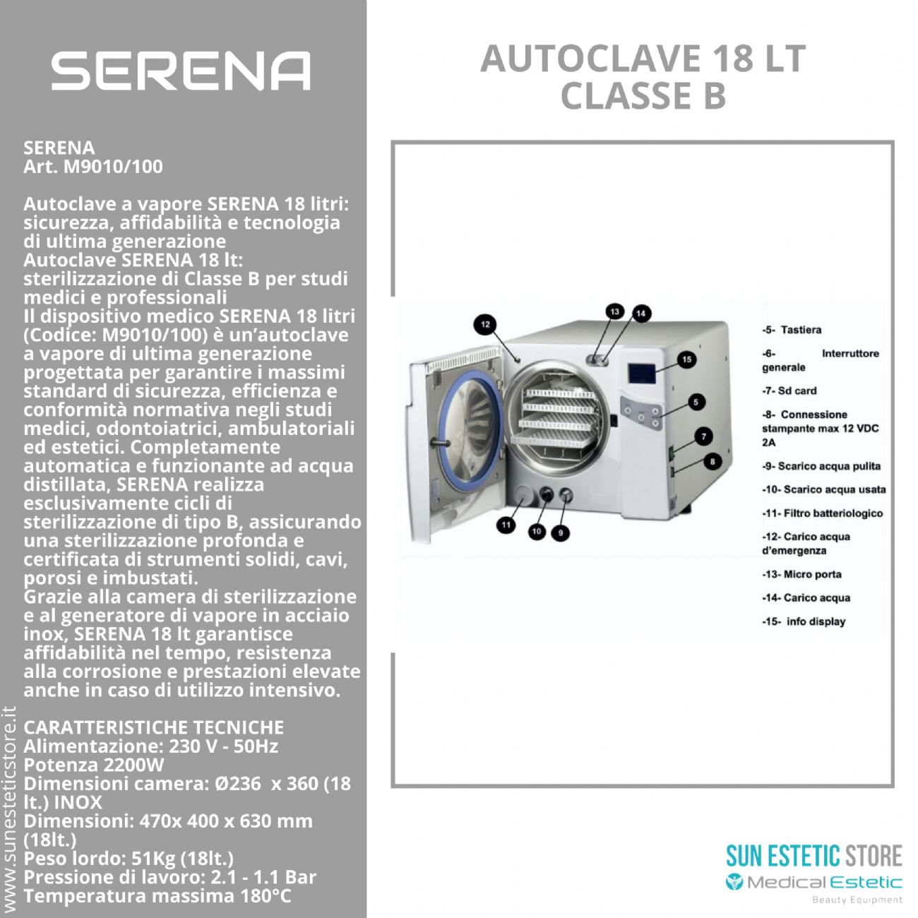 Serena Autoclave 18 lt Classe B sterilizzazione estetica