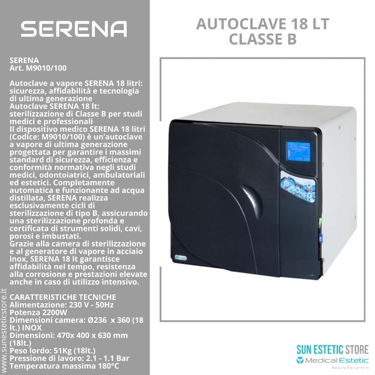 Serena Autoclave 18 lt Classe B sterilizzazione estetica