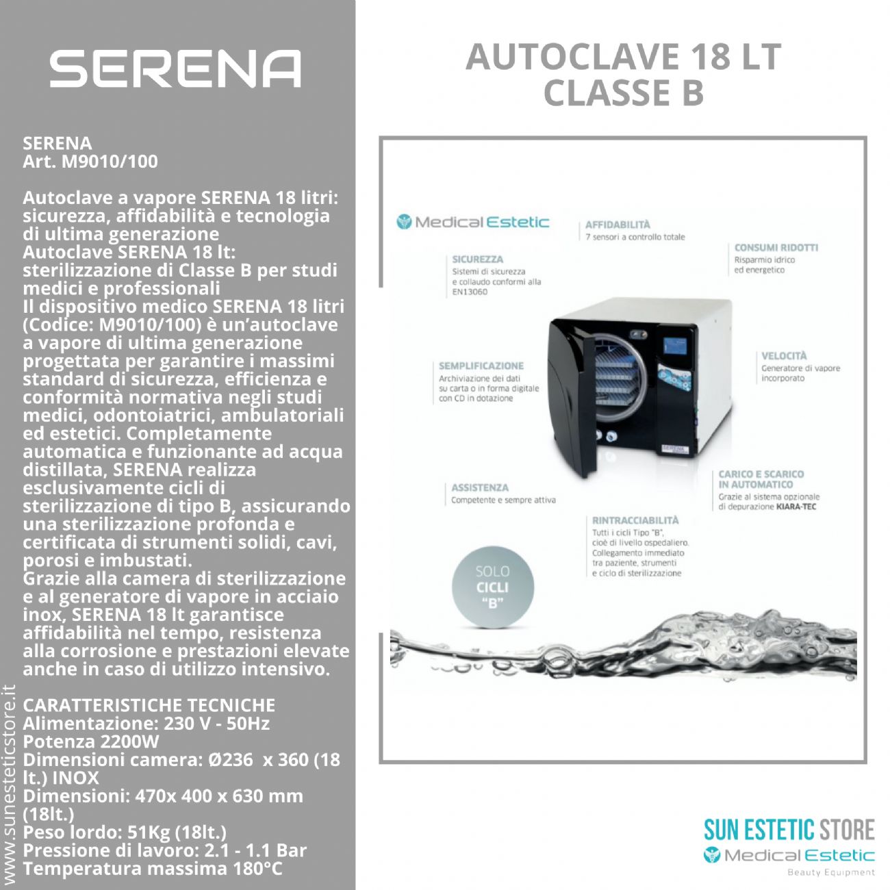 Serena Autoclave 18 lt Classe B sterilizzazione estetica
