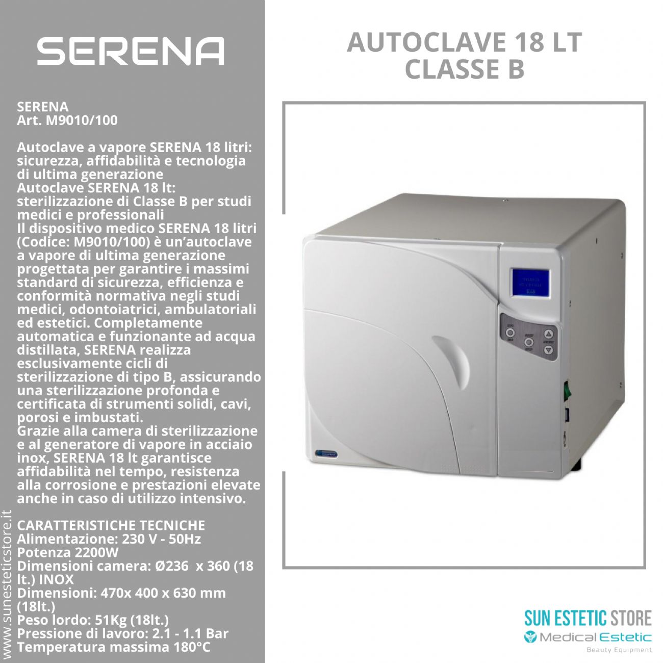 Serena Autoclave 18 lt Classe B sterilizzazione estetica