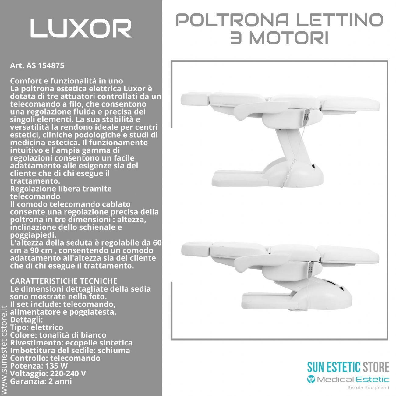 Luxor poltrona lettino estetica 3 motori