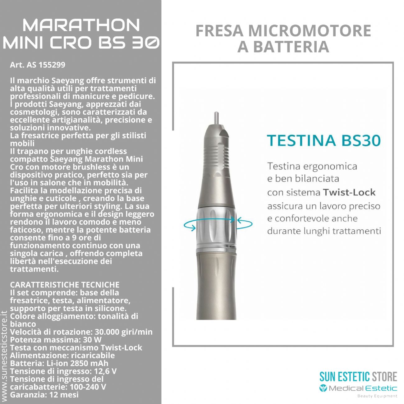 Marathon Mini Cro BS30 fresa micromotore a batteria