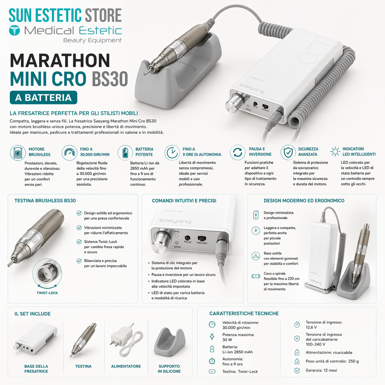 Marathon Mini Cro BS30 fresa micromotore a batteria