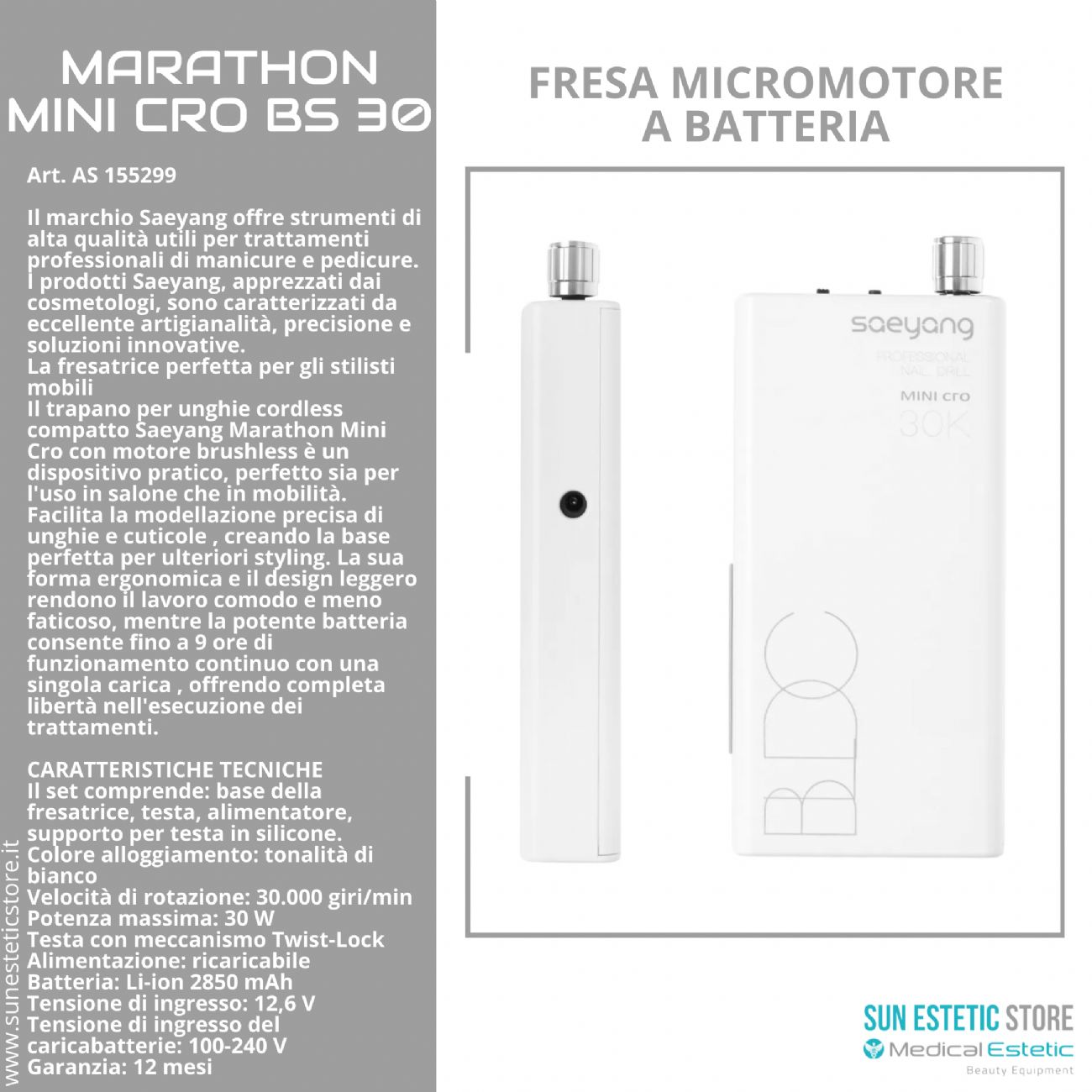 Marathon Mini Cro BS30 fresa micromotore a batteria