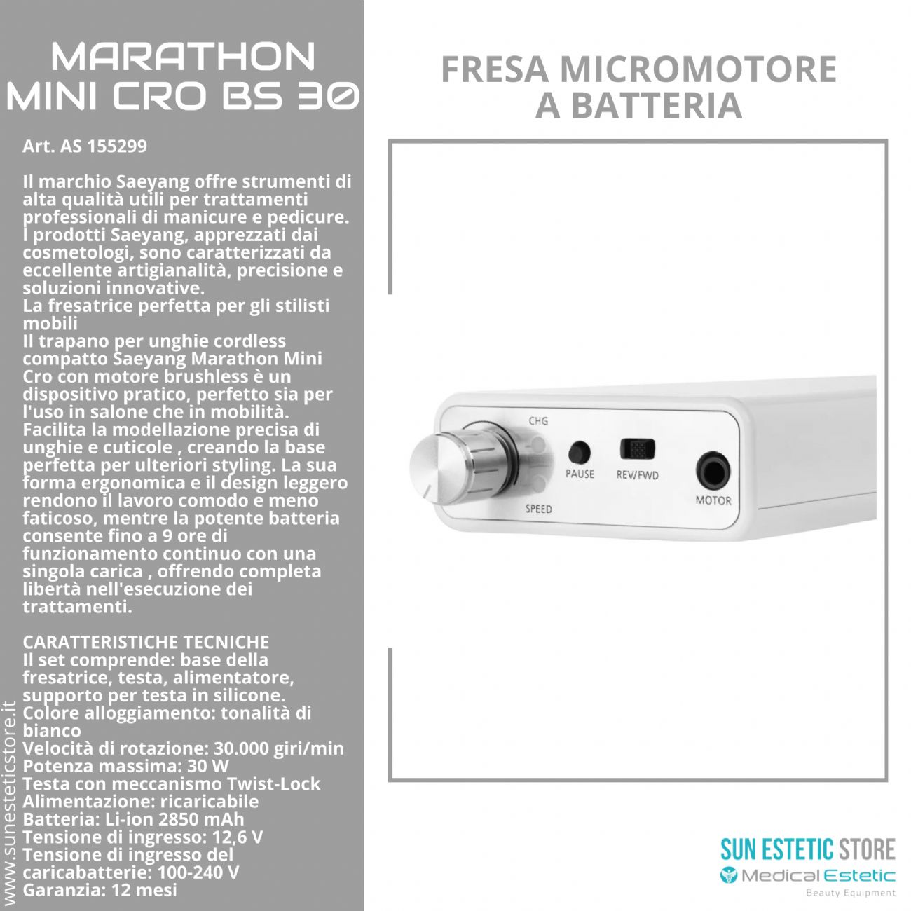 Marathon Mini Cro BS30 fresa micromotore a batteria