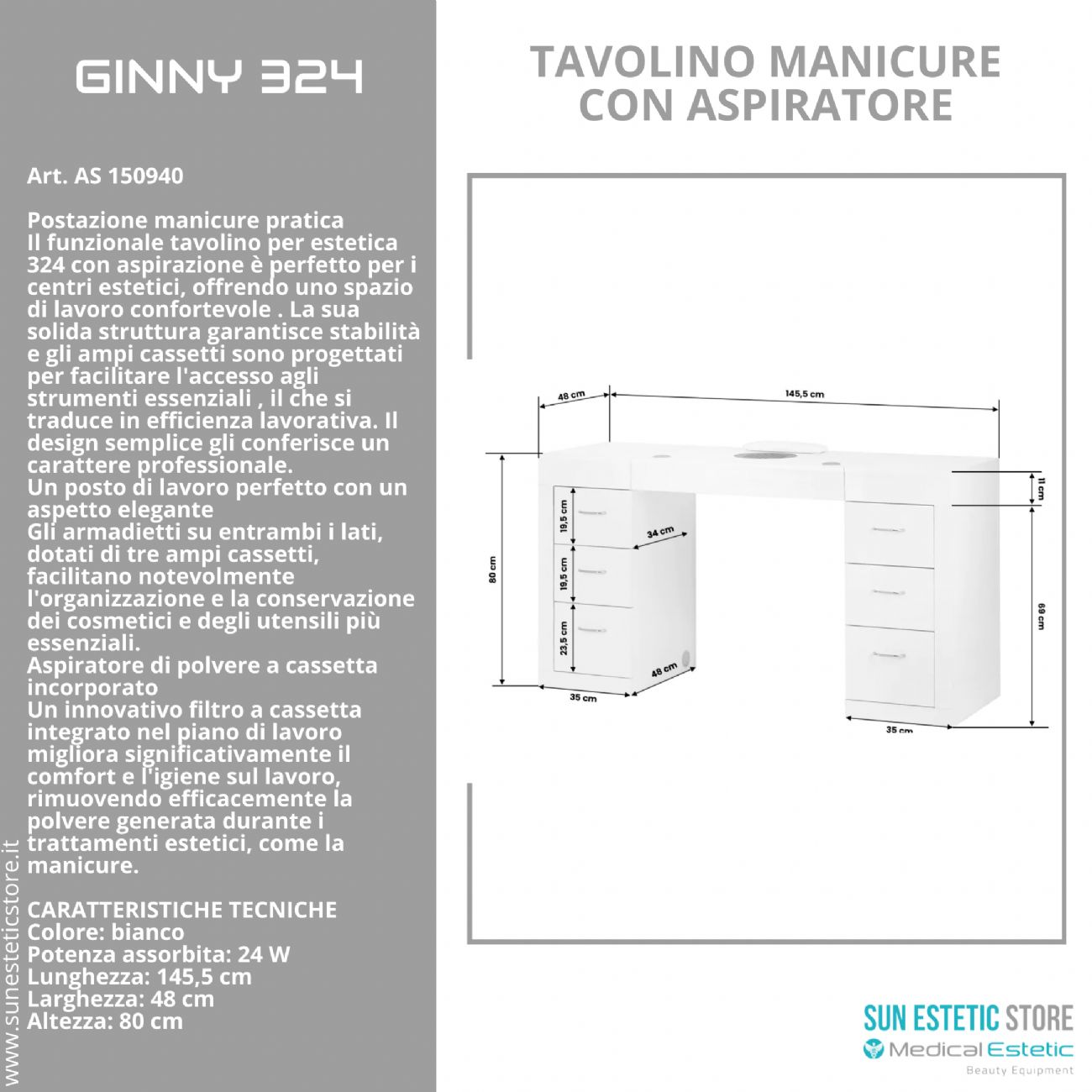 Ginny 324 tavolino manicure con aspiratore