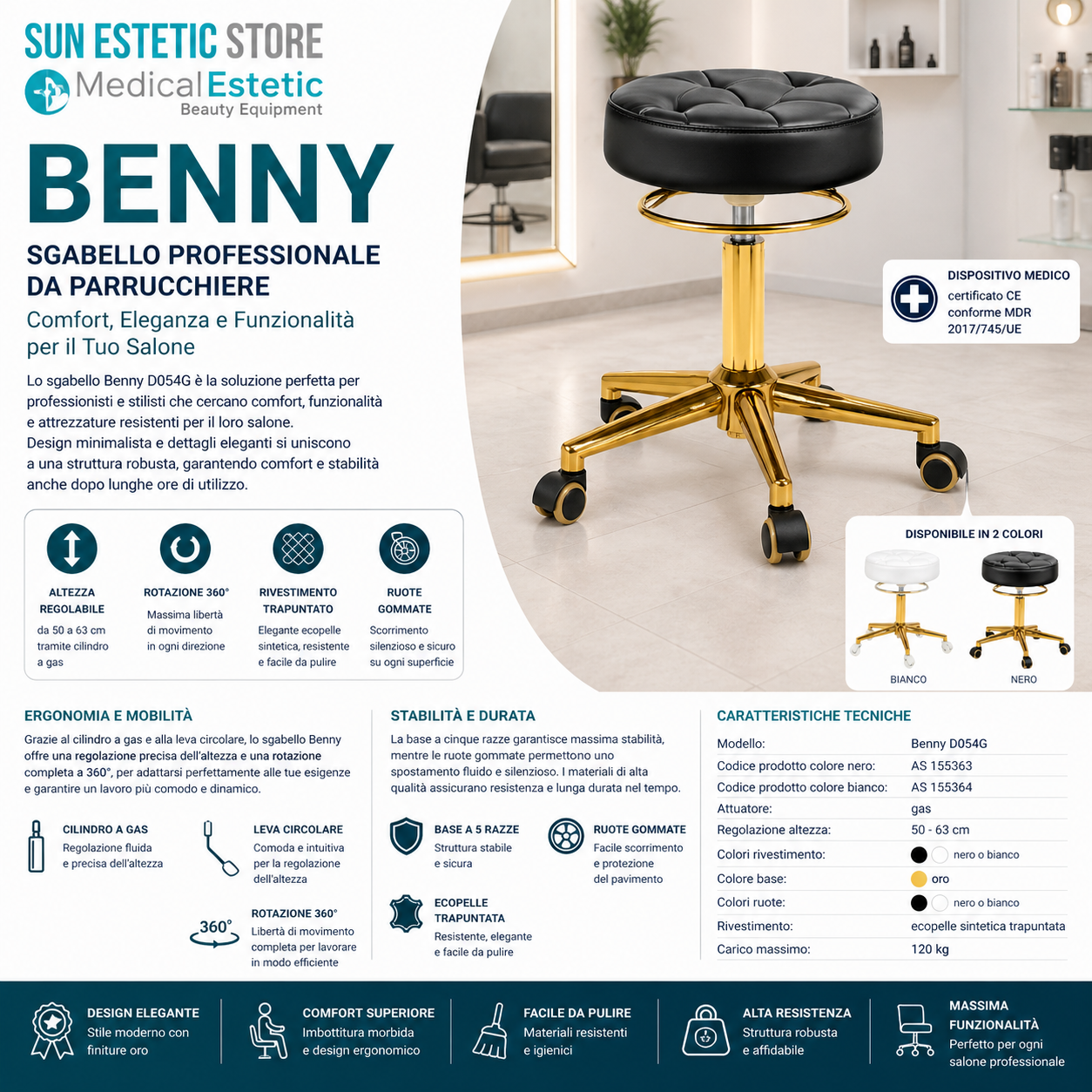 Benny D054G sgabello regolabile per estetica parrucchiere