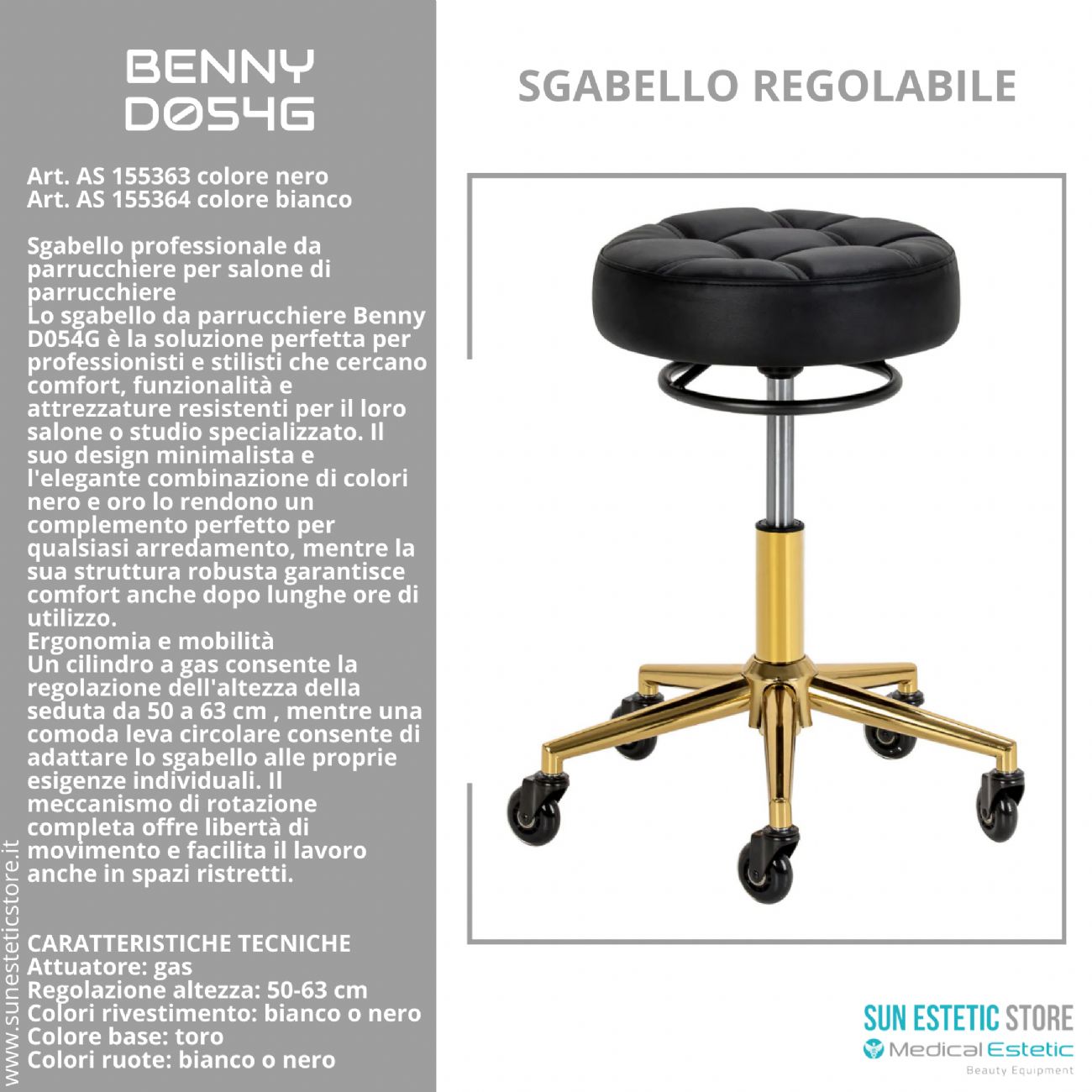 Benny D054G sgabello regolabile per estetica parrucchiere