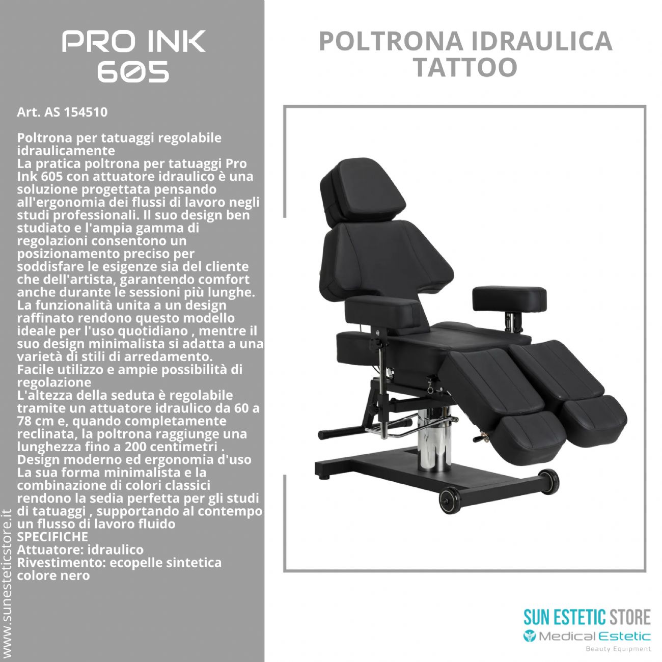 Pro Ink 605 poltrona tattoo regolabile idraulica