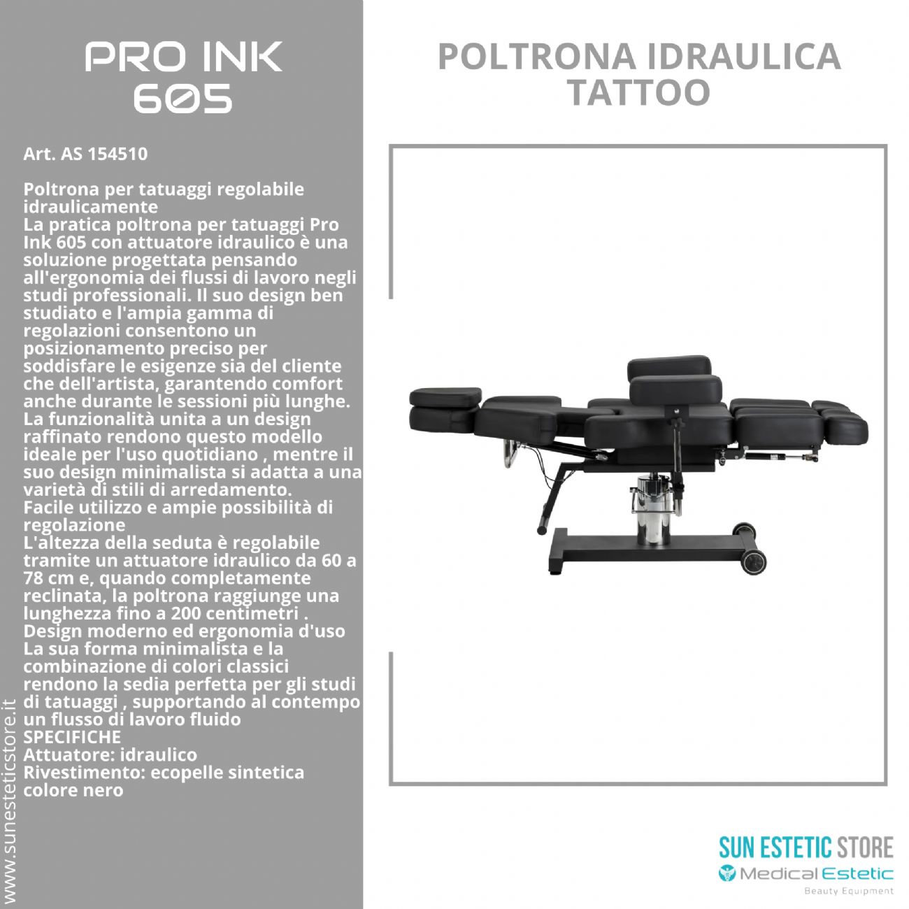 Pro Ink 605 poltrona tattoo regolabile idraulica