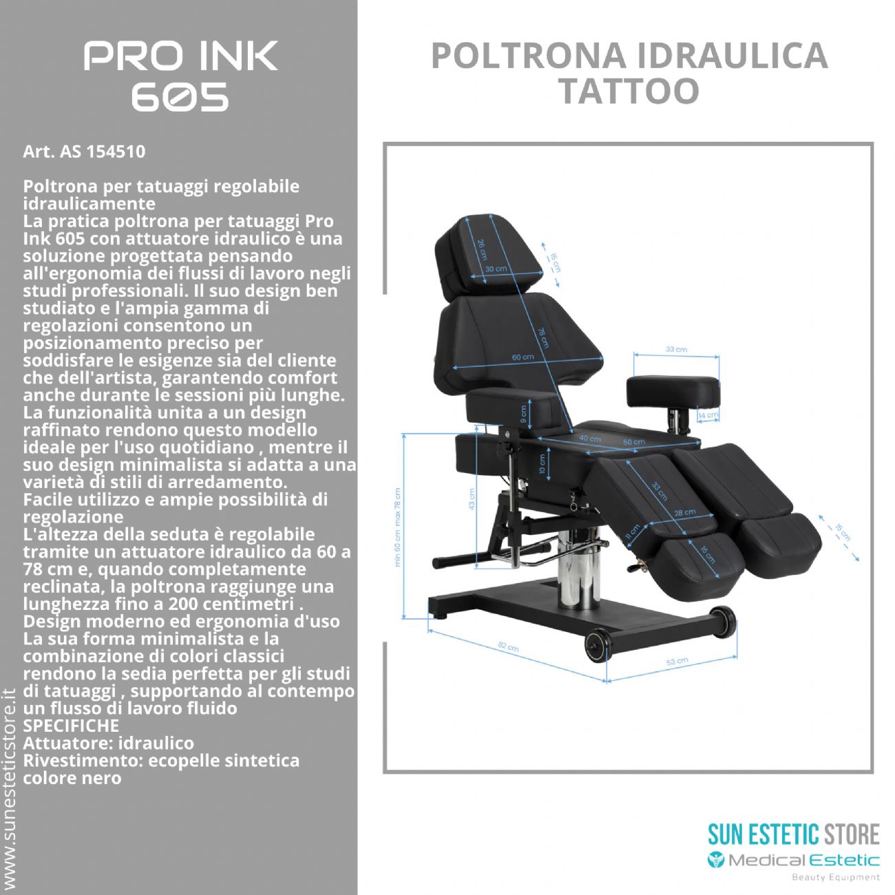 Pro Ink 605 poltrona tattoo regolabile idraulica