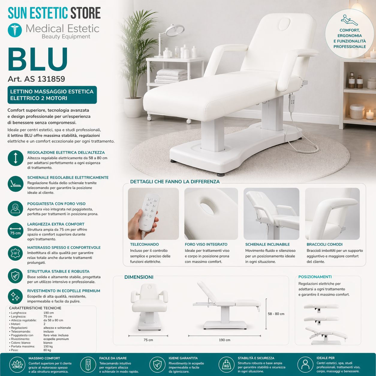 Blu lettino massaggio estetica elettrico 2 motori