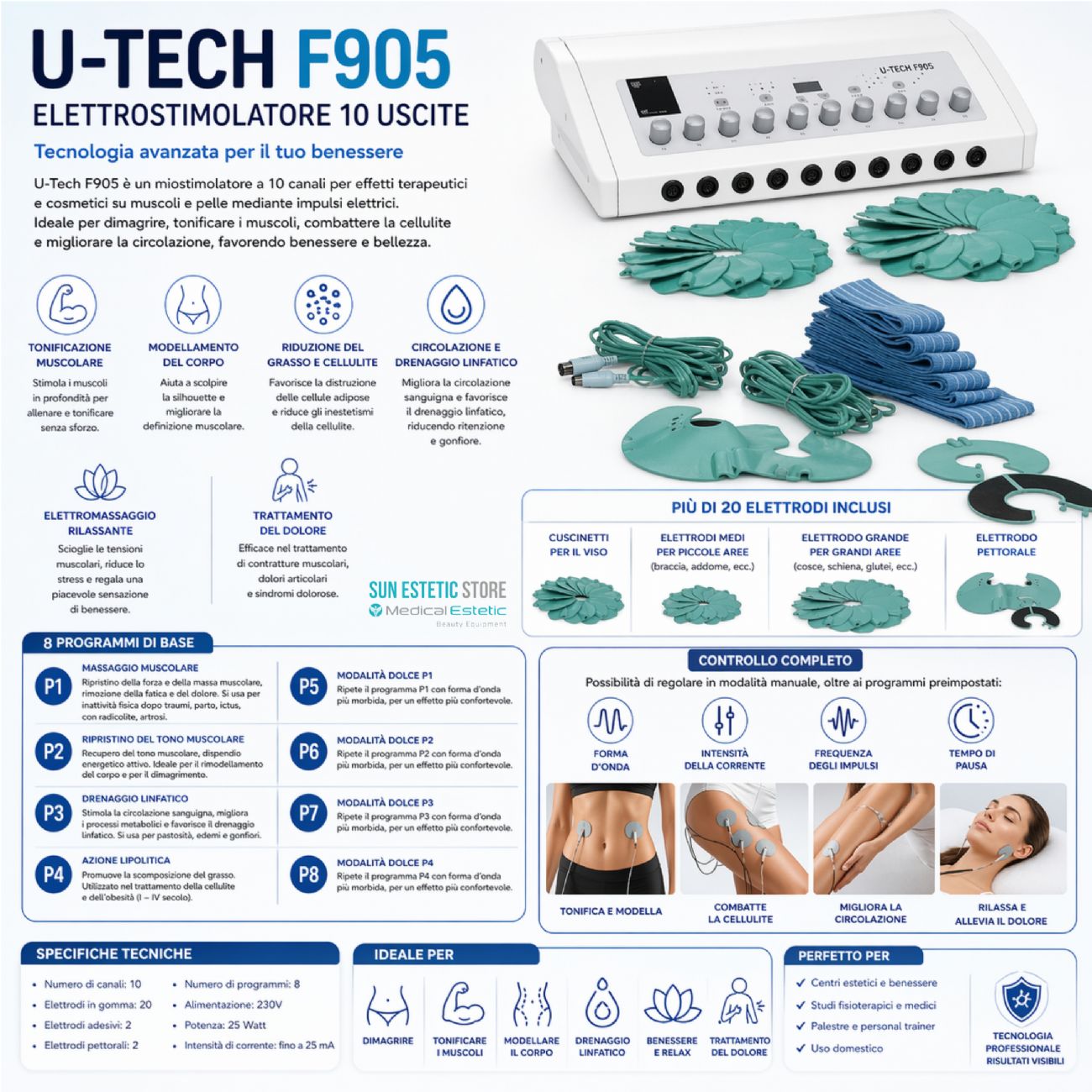 U-Tech F905 Elettrostimolatore con elettrodi per dimagrimento e tonificazione muscolare estetica