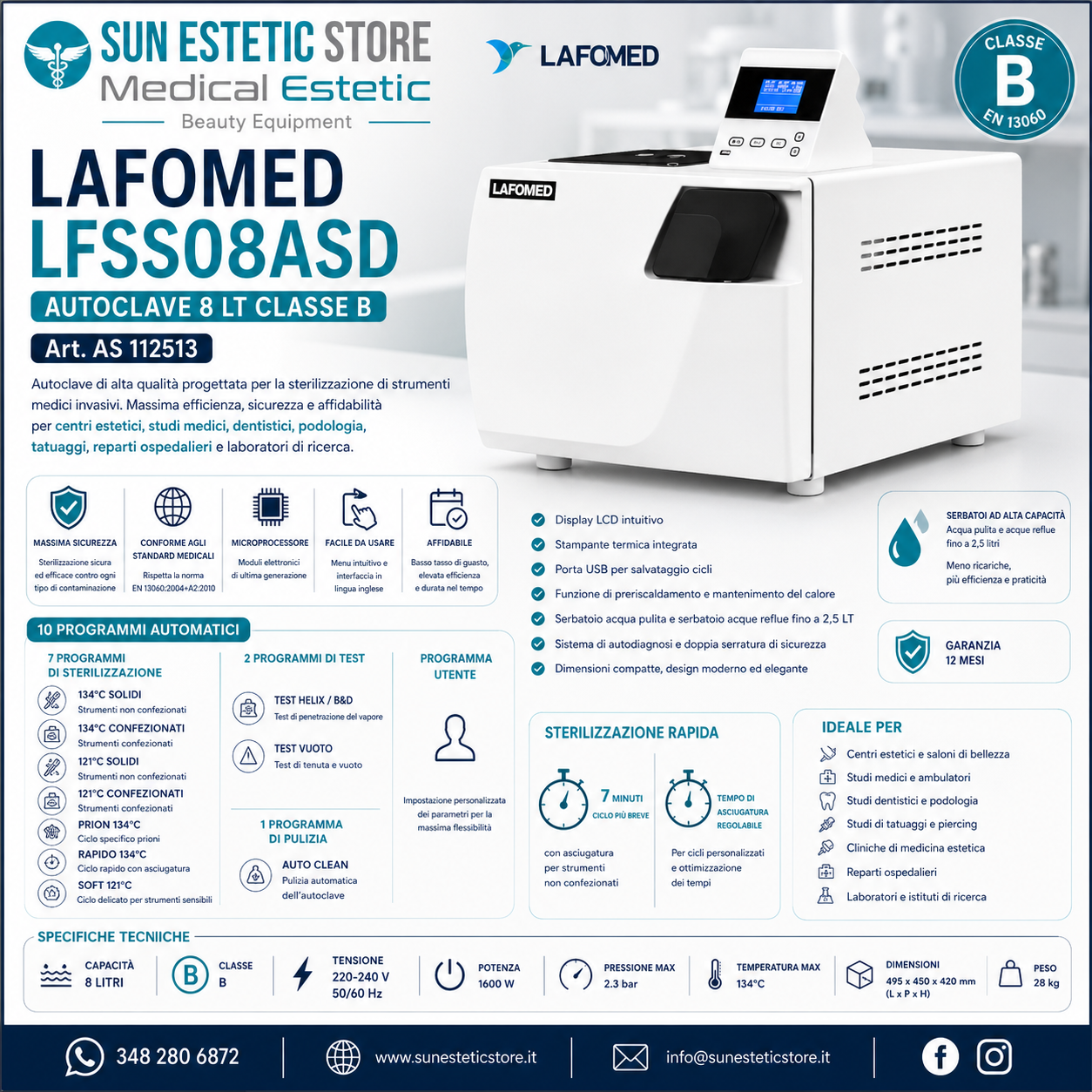 Lafomed LFSS08AD autoclave 8 lt sterilizzazione classe B