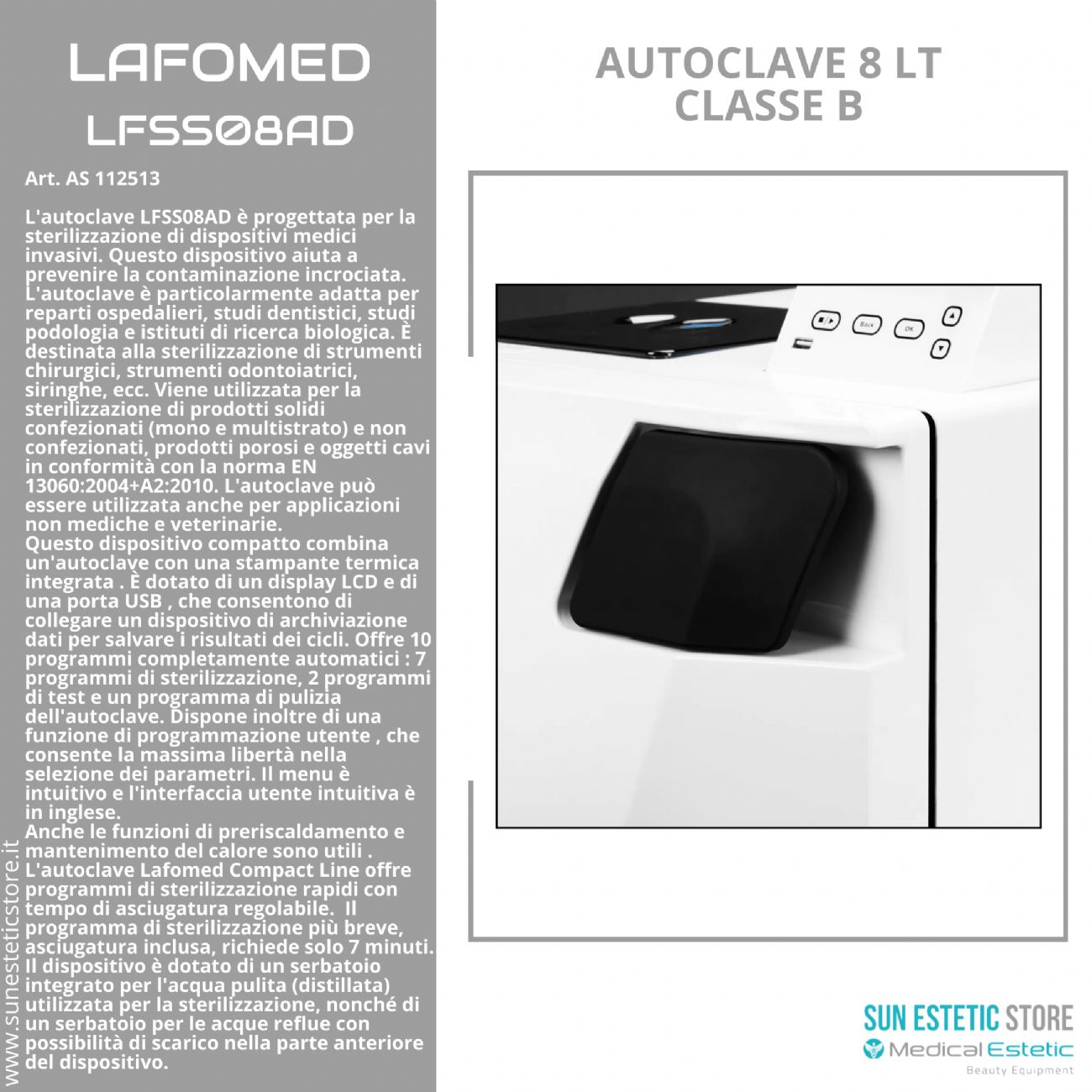 Lafomed LFSS08AD autoclave 8 lt sterilizzazione classe B