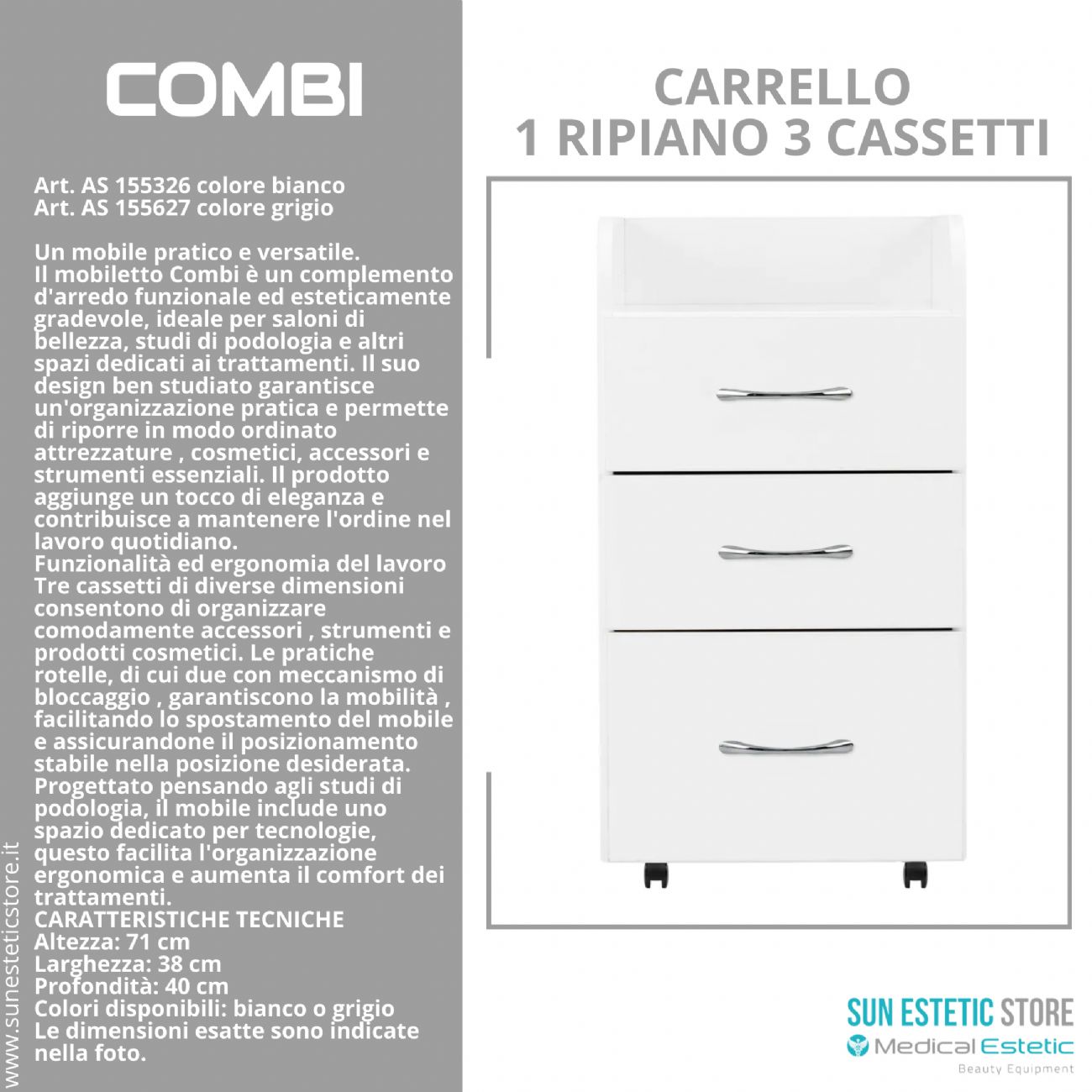 Combi carrello 1 ripiano 3 cassetti