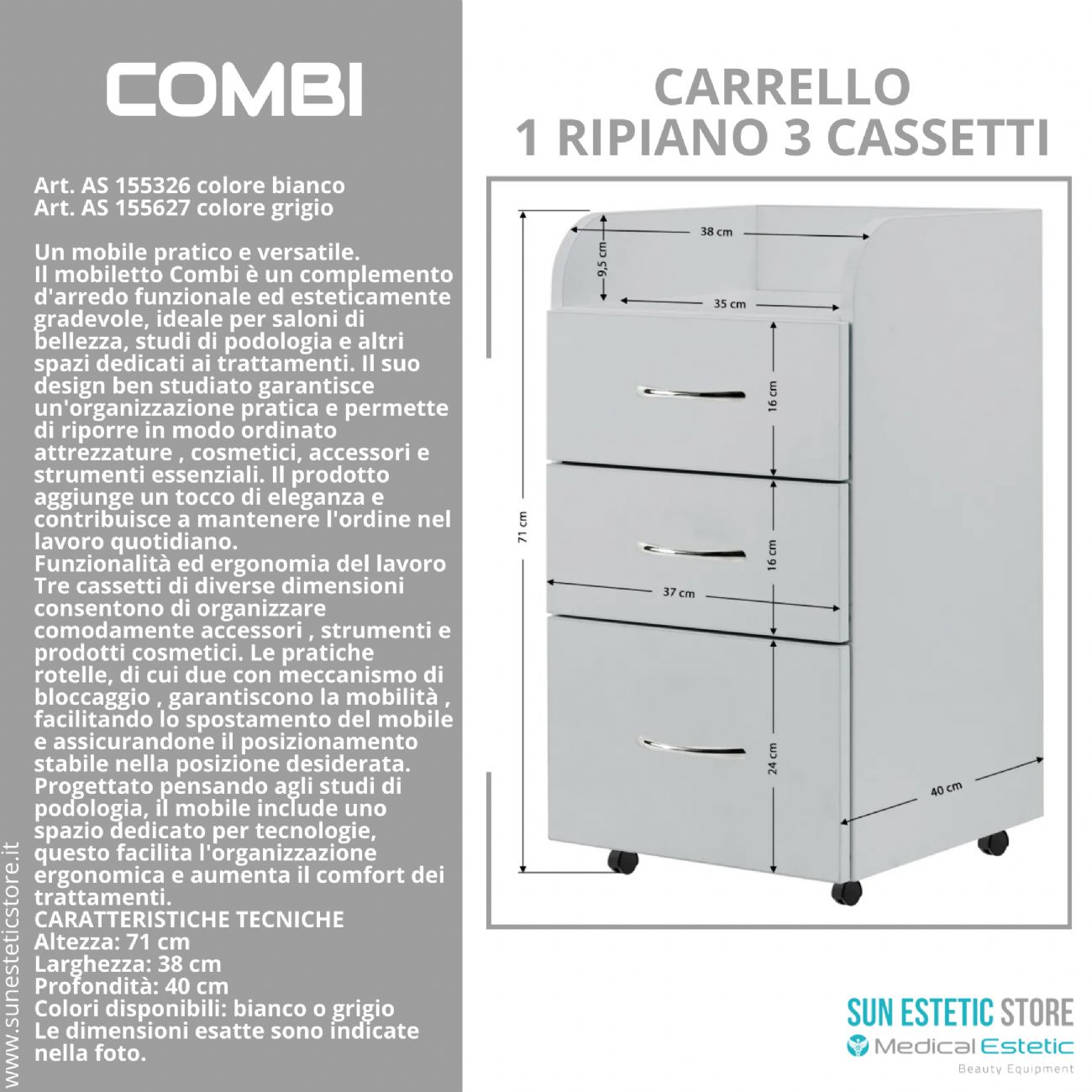 Combi carrello 1 ripiano 3 cassetti
