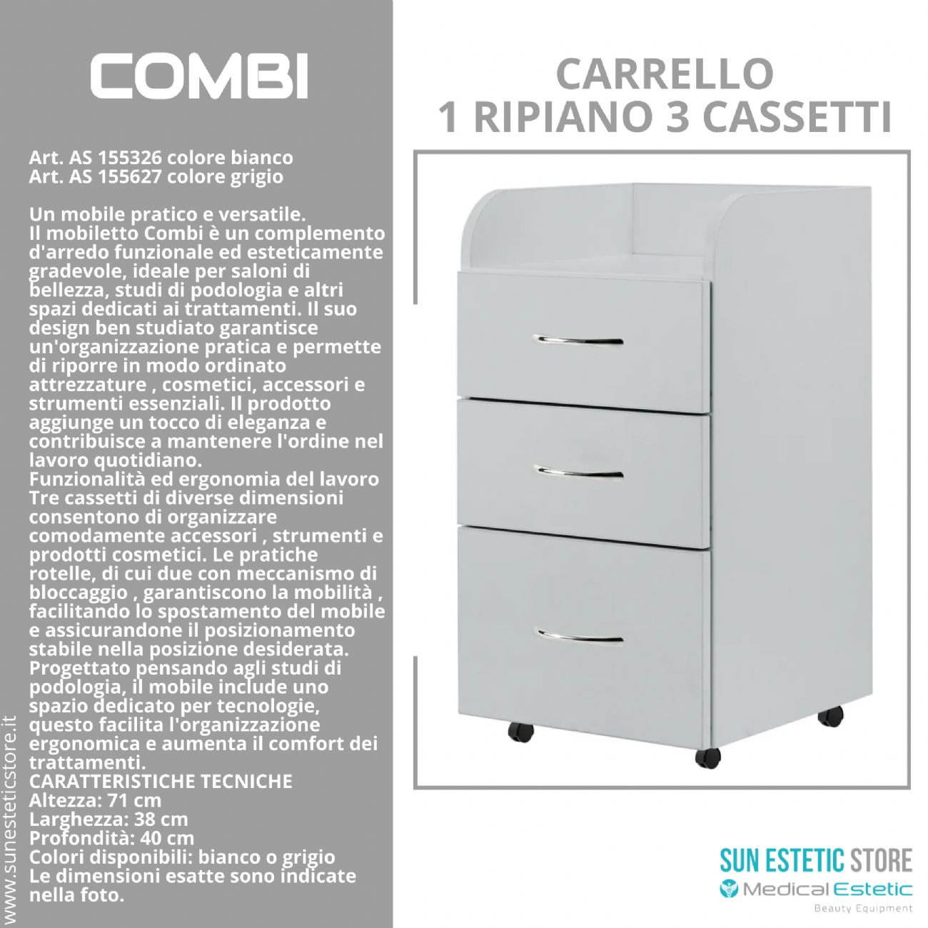 Combi carrello 1 ripiano 3 cassetti