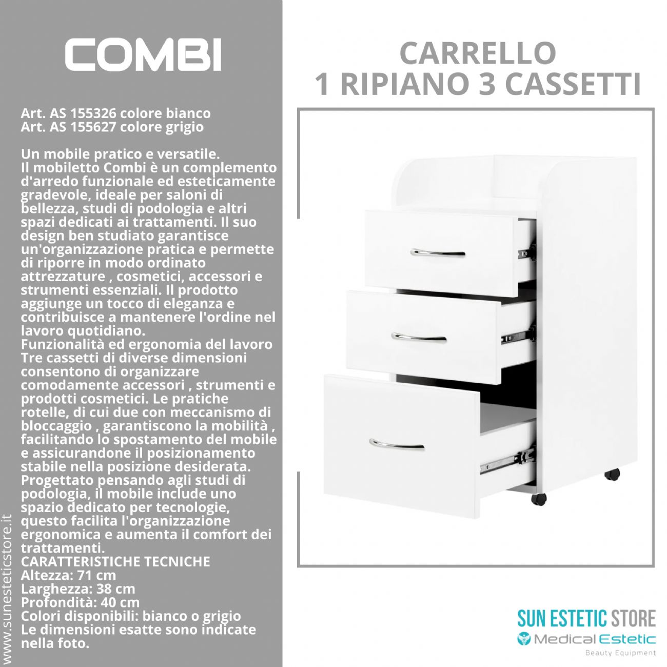 Combi carrello 1 ripiano 3 cassetti