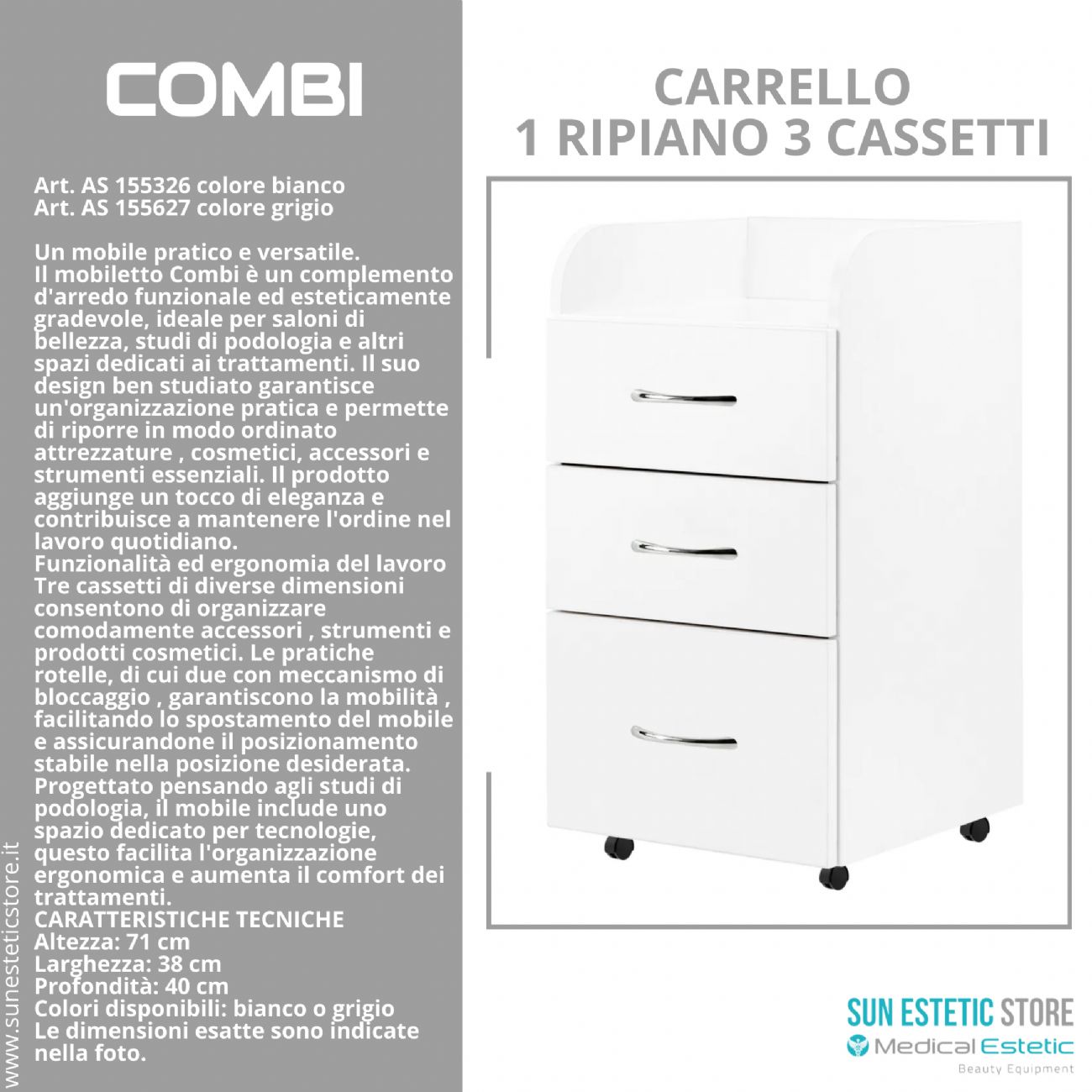 Combi carrello 1 ripiano 3 cassetti