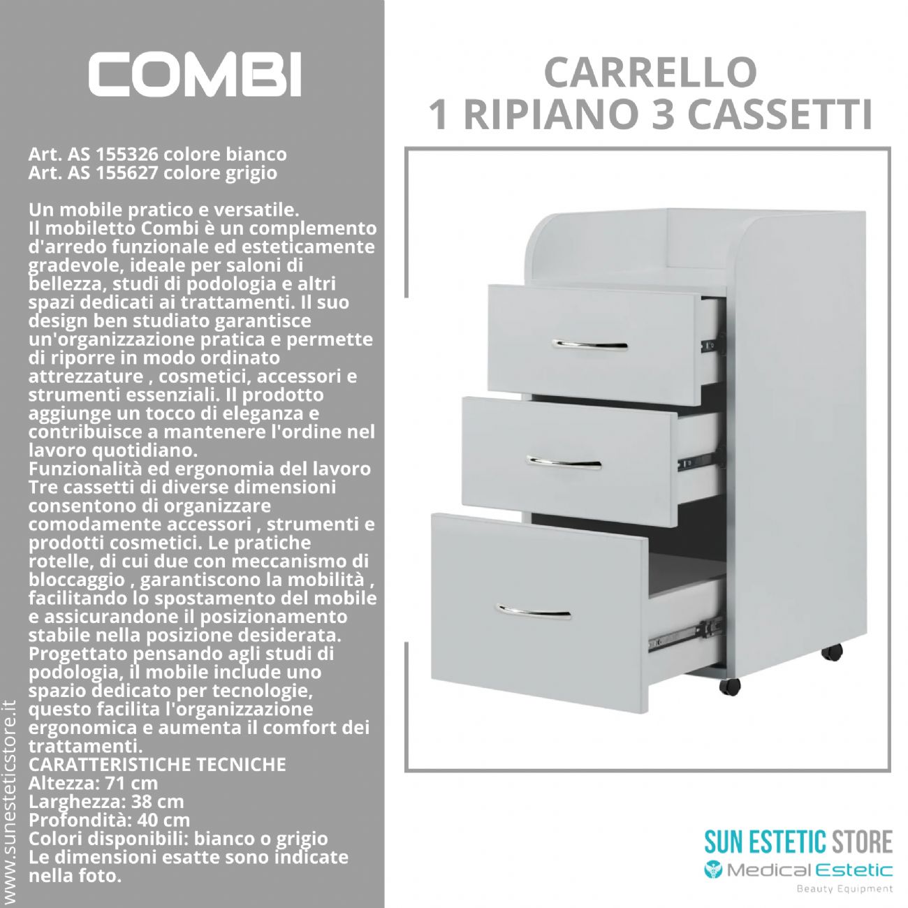 Combi carrello 1 ripiano 3 cassetti