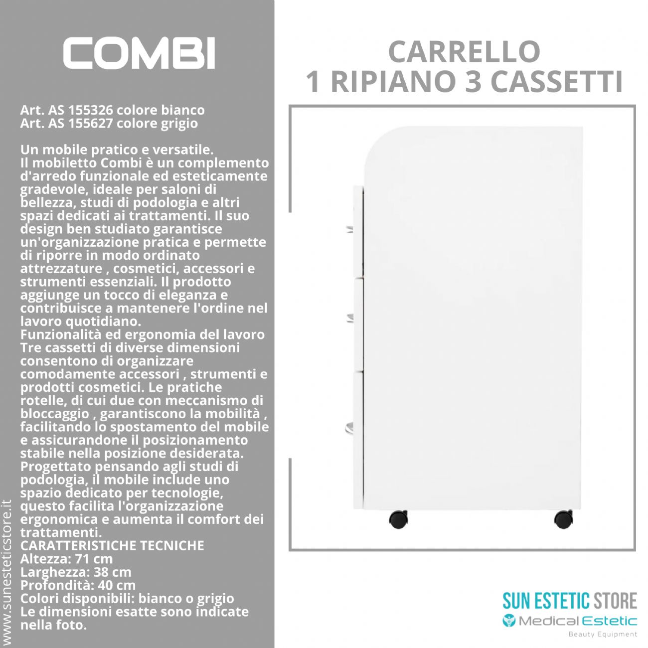 Combi carrello 1 ripiano 3 cassetti