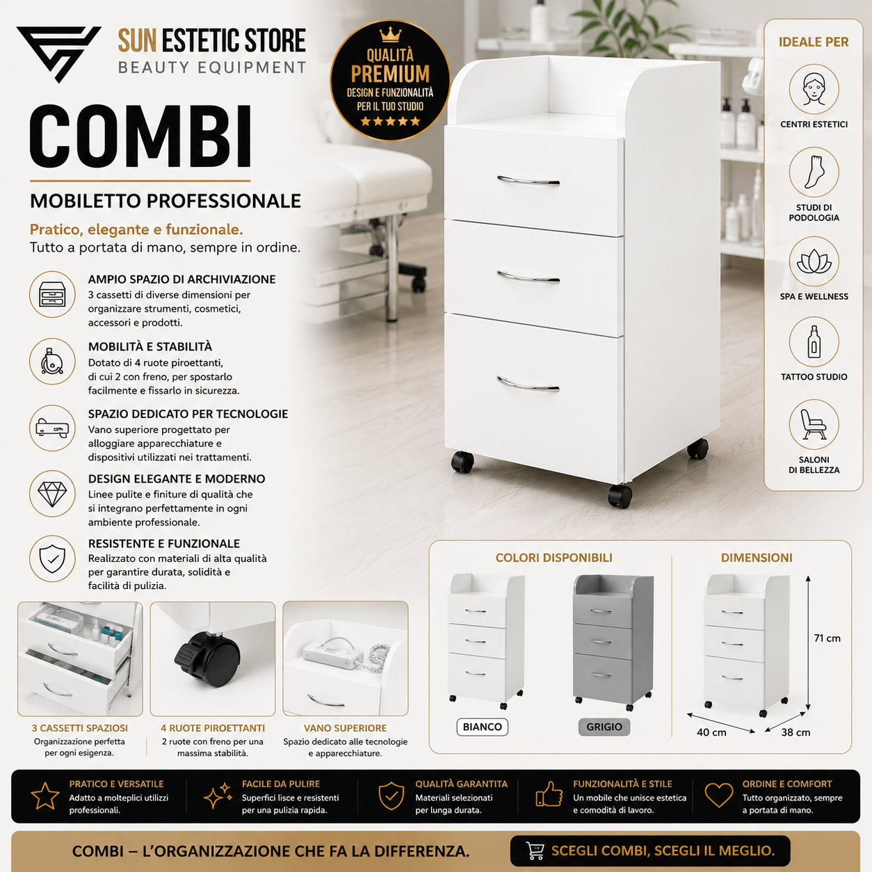 Combi carrello 1 ripiano 3 cassetti
