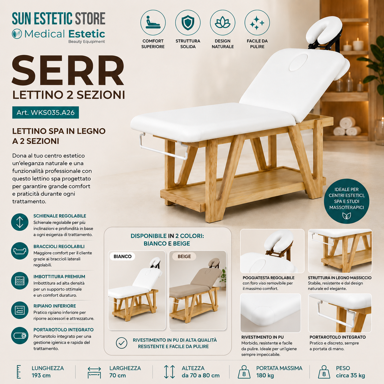 Serr lettino massaggio 2 sezioni in legno