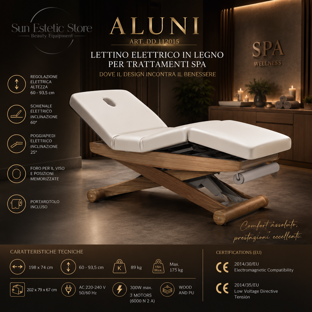 Aluni Lettino massaggio Spa elettrico 3 motori in legno