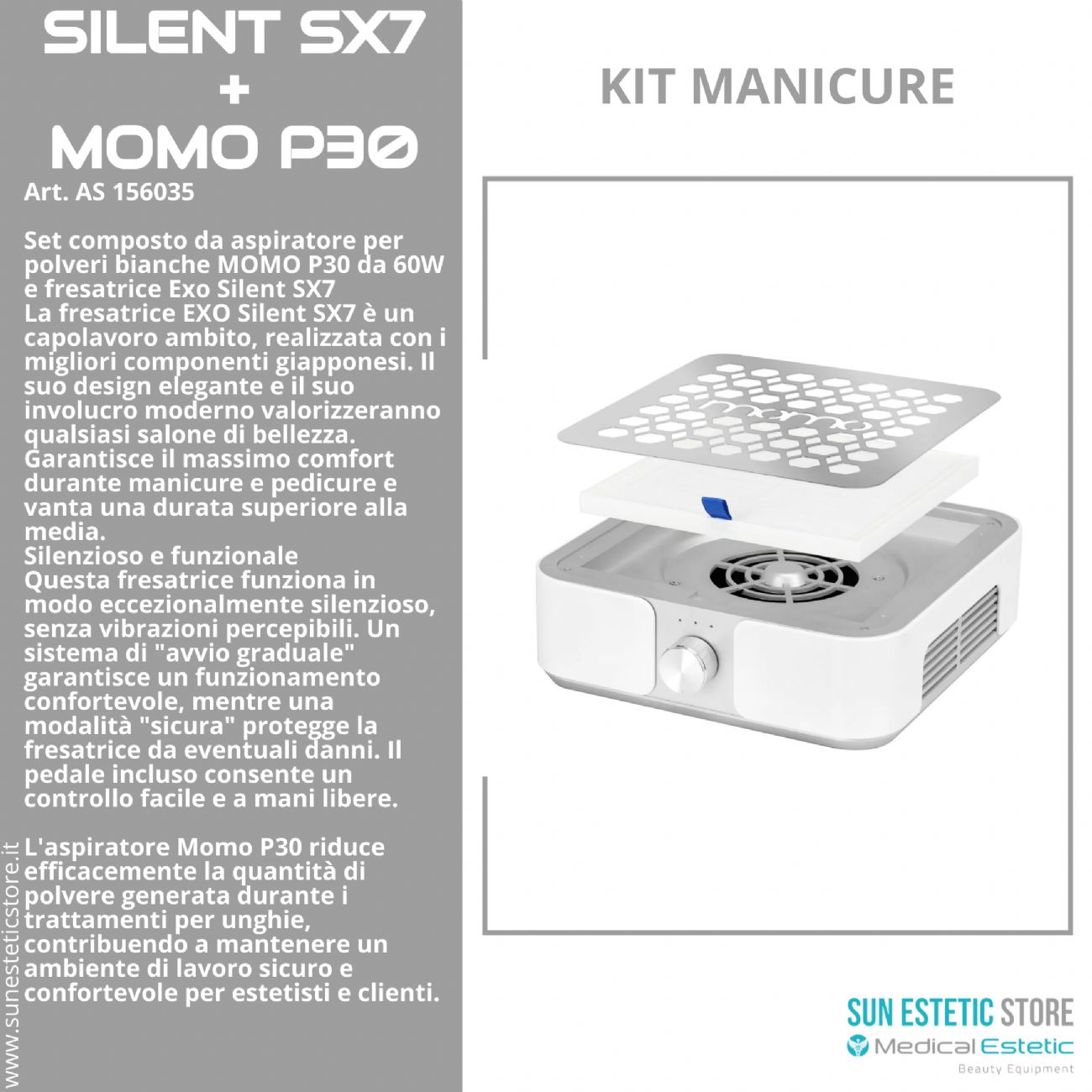 MOMO P30 aspiratore da 60W e fresa Exo Silent SX kit manicure