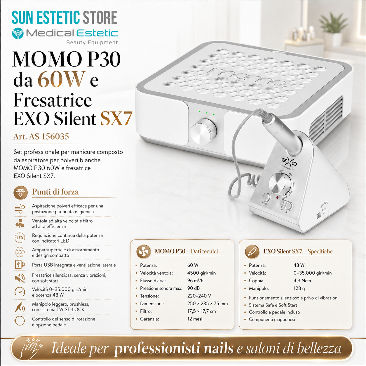 MOMO P30 aspiratore da 60W e fresa Exo Silent SX kit manicure