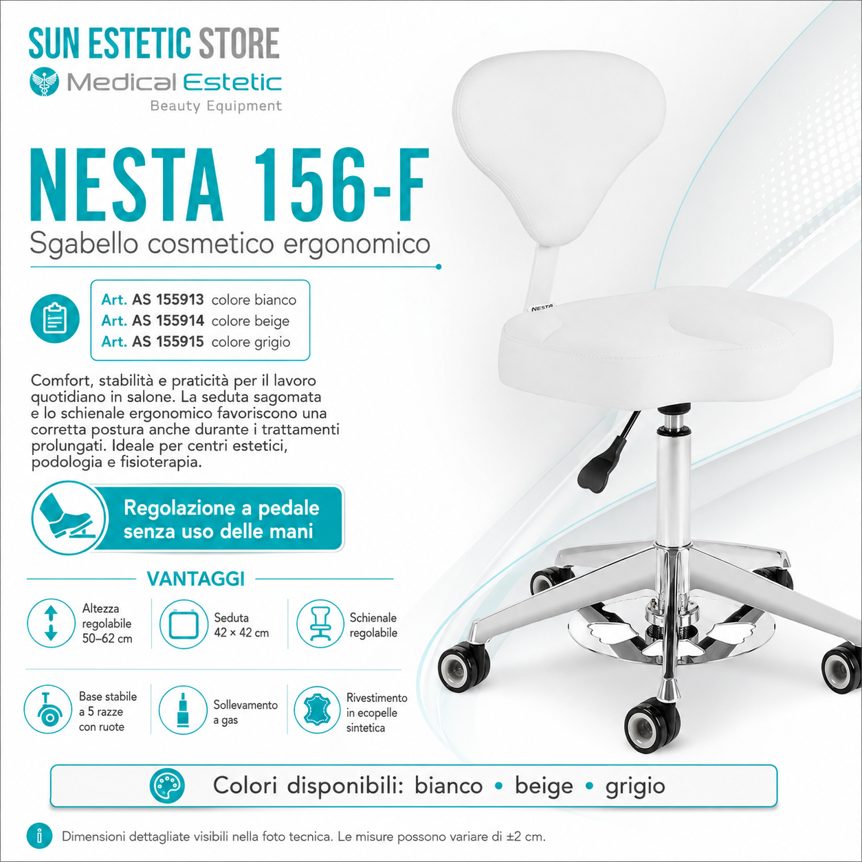 NESTA 156-F: Sgabello Cosmetico Ergonomico Regolabile