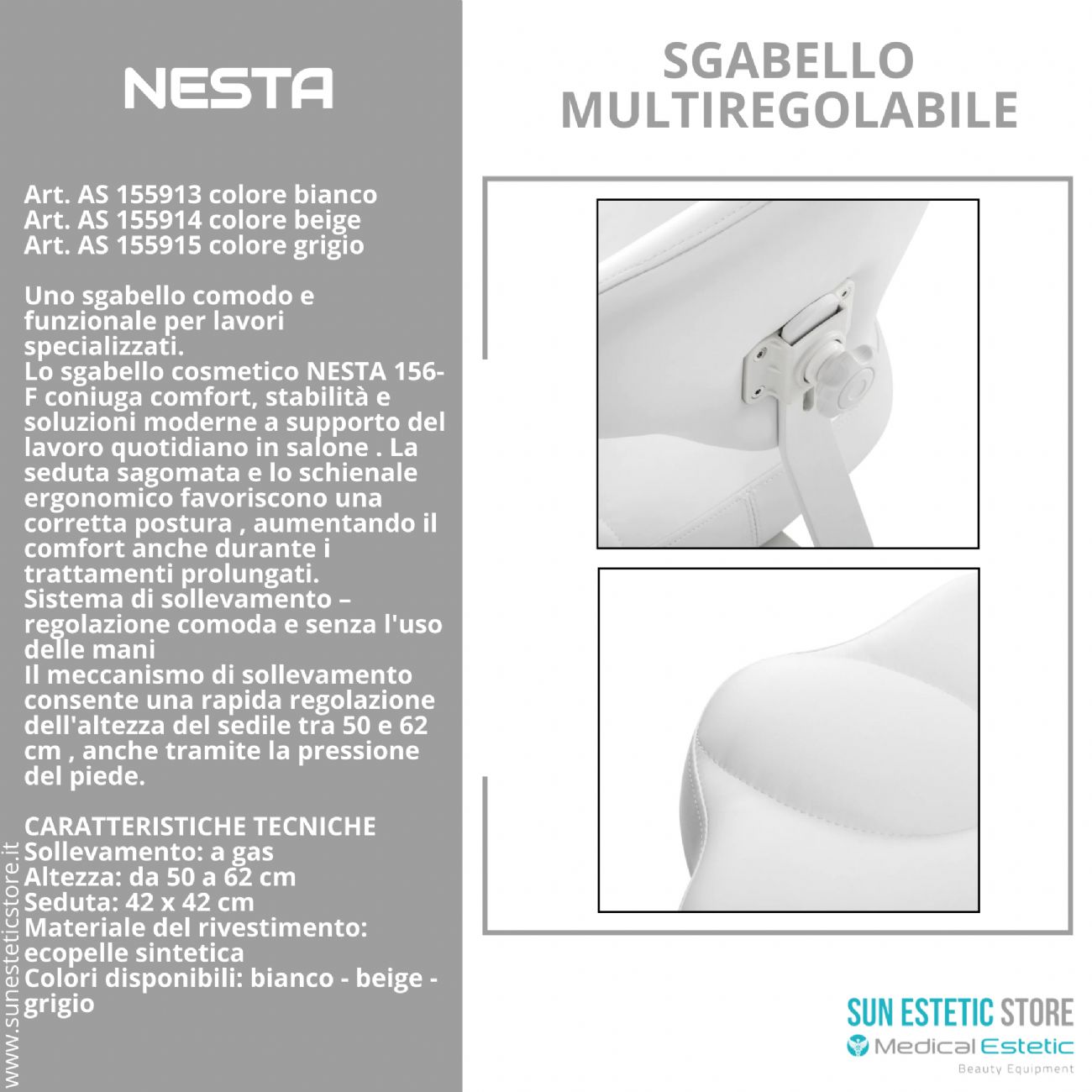 NESTA 156-F: Sgabello Cosmetico Ergonomico Regolabile