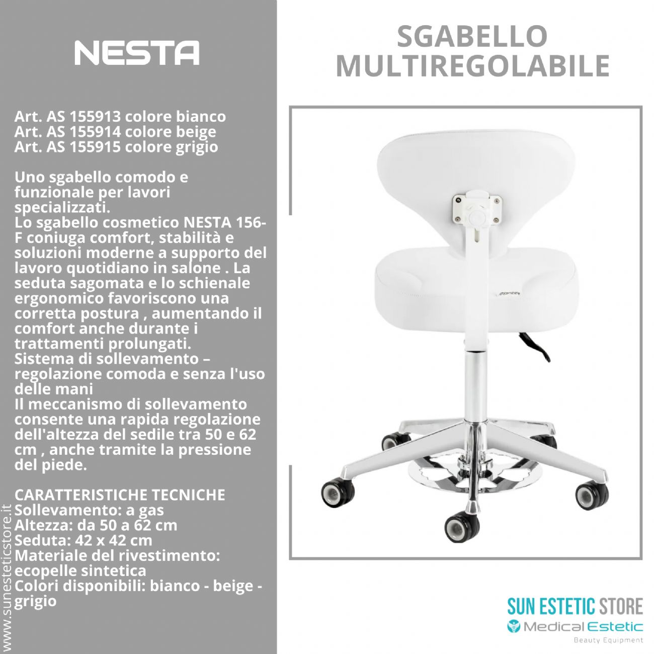 NESTA 156-F: Sgabello Cosmetico Ergonomico Regolabile