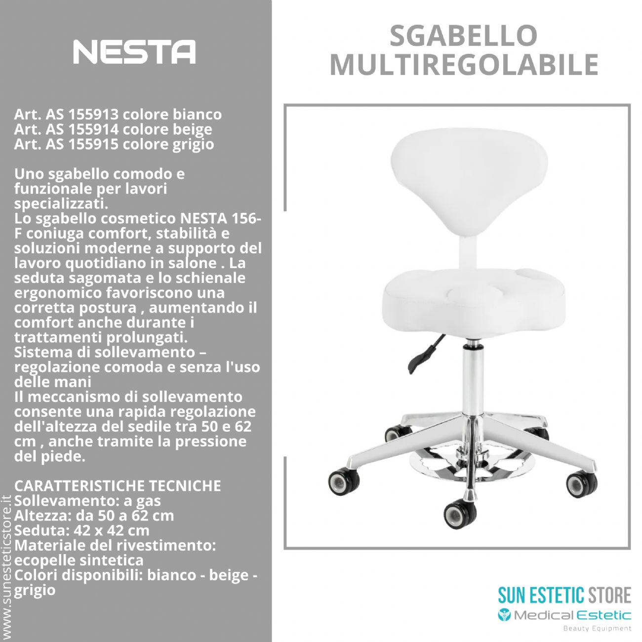 NESTA 156-F: Sgabello Cosmetico Ergonomico Regolabile