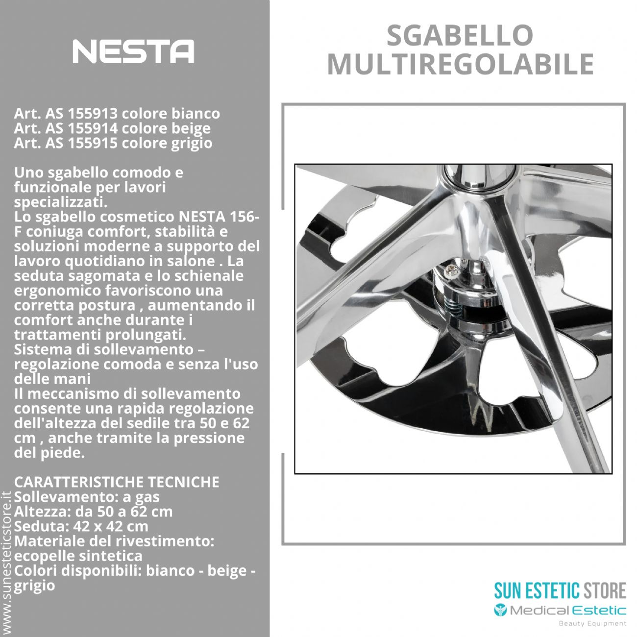 NESTA 156-F: Sgabello Cosmetico Ergonomico Regolabile