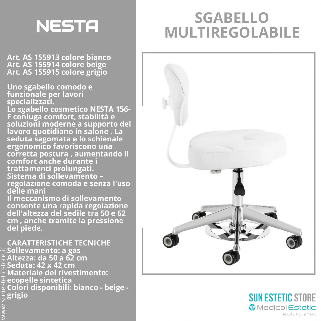 NESTA 156-F: Sgabello Cosmetico Ergonomico Regolabile
