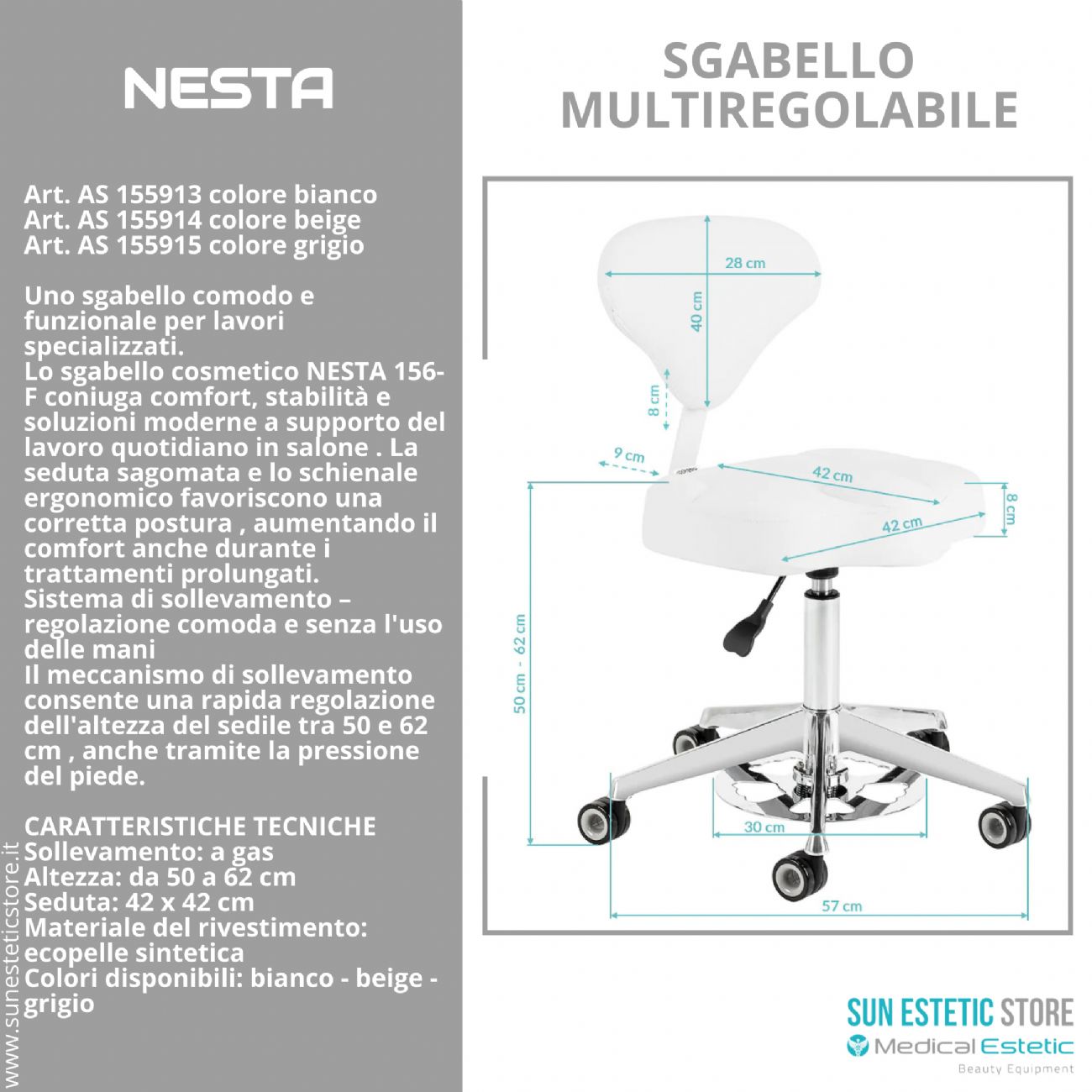 NESTA 156-F: Sgabello Cosmetico Ergonomico Regolabile