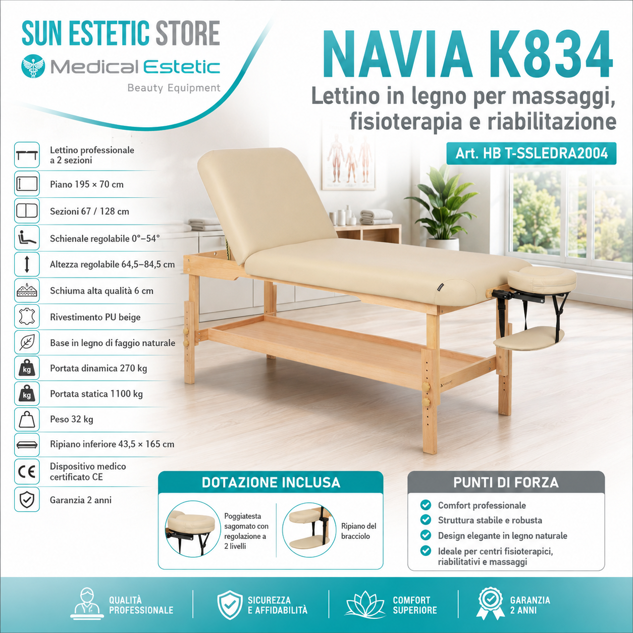 Navia K834: Lettino da Massaggio in Legno di Faggio