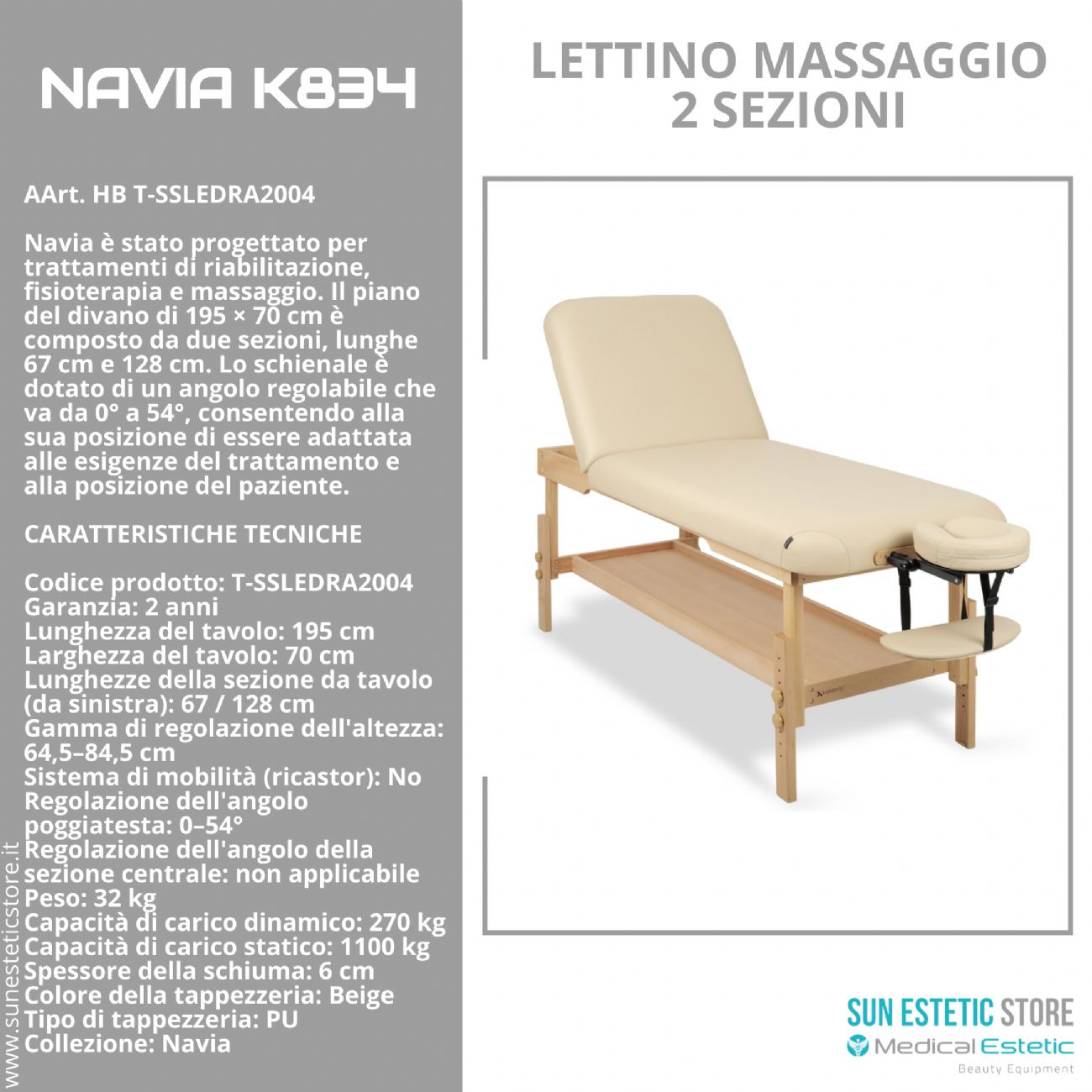 Navia K834: Lettino da Massaggio in Legno di Faggio