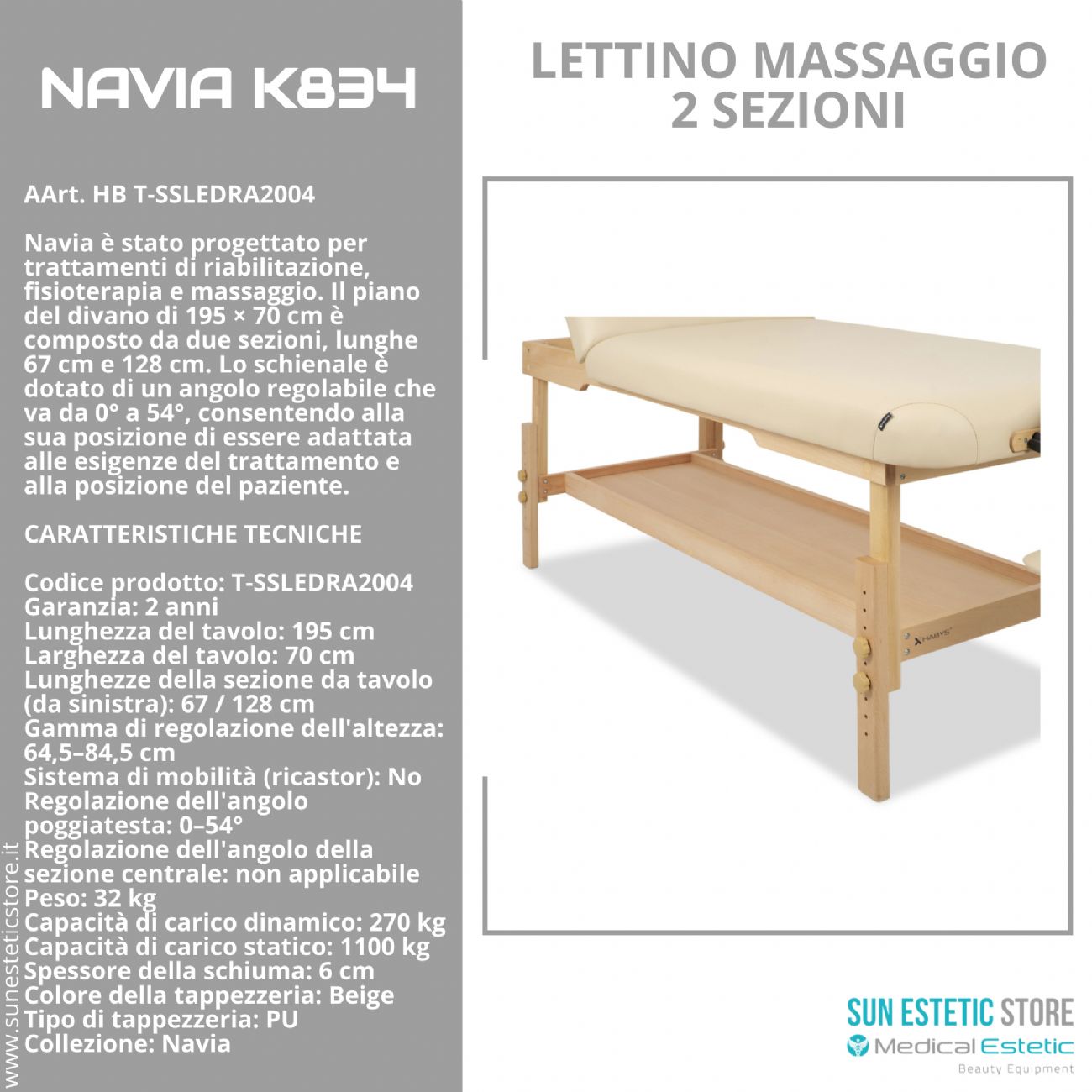 Navia K834: Lettino da Massaggio in Legno di Faggio