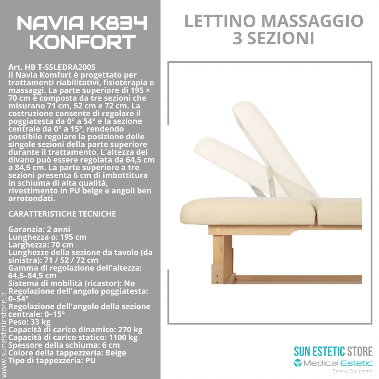 Navia K834 Komfort: Lettino da Massaggio in Faggio, 3 Sezioni