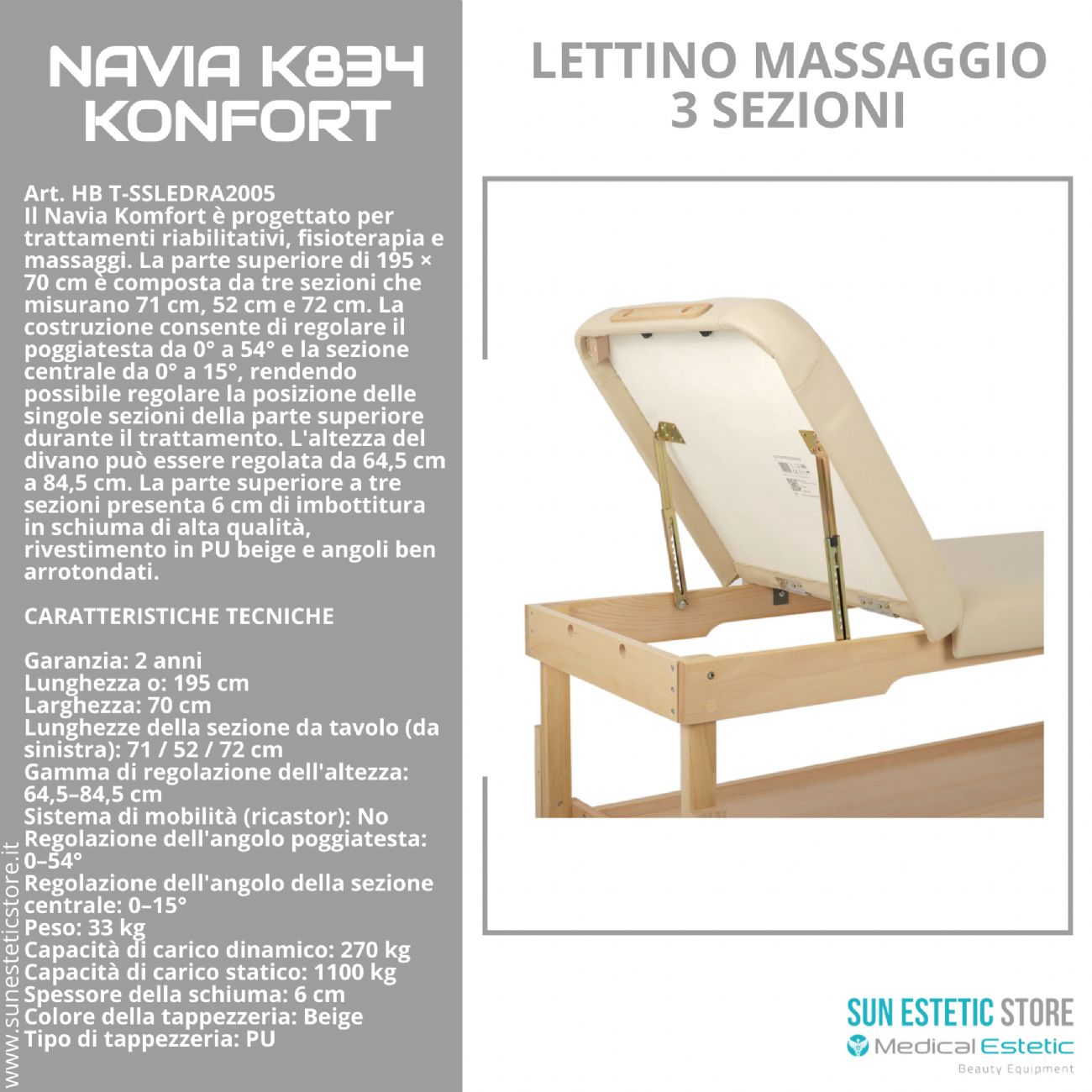 Navia K834 Komfort: Lettino da Massaggio in Faggio, 3 Sezioni